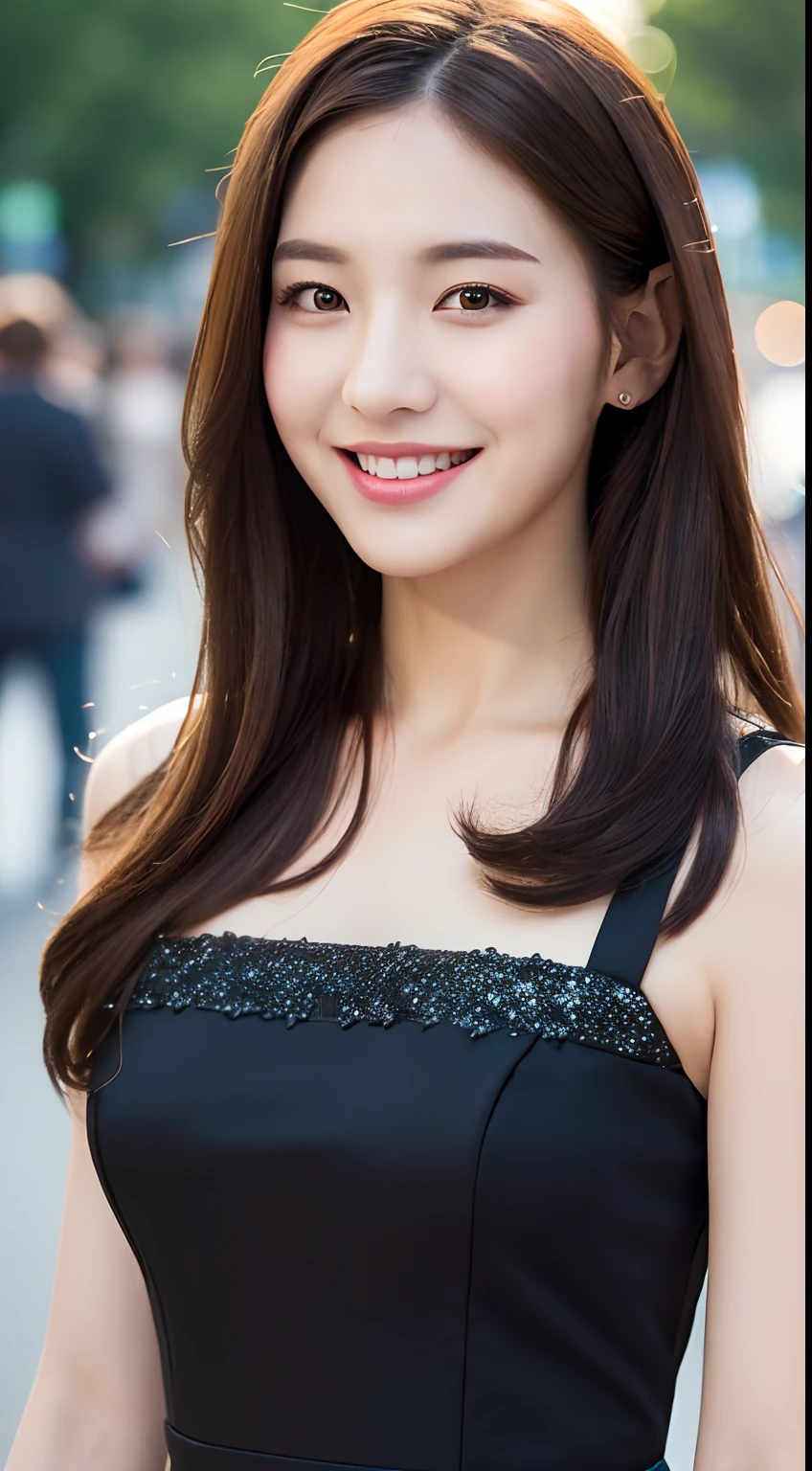 ((Best quality, 8k, Masterpiece :1.3)), 1girl, smiling, full body, slim face, Pretty woman, (Dark brown hair), full length dress :1.1, Ultra-detailed face, Detailed eyes, Double eyelid, blur background, slim face, city, outside, street,