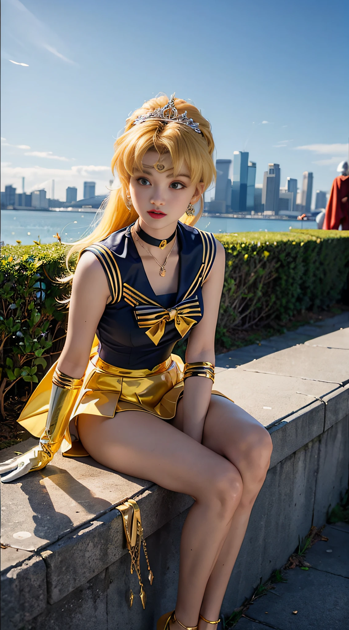 ((masterpiece:1.4)、(top-quality:1.4)、(reallistic:1.7))、masuter piece:1.4、a beauty girl、(Sailor Moon:1.4)、Tsukino Usagi、Body Fit Sexy Sailor Senshi Uniform、(latex shiny)、(The jacket is a white sleeveless sailor suit)、(Skirt is blue sexy ultra ultra mini skirt)、The collar of the sailor suit is blue with two thin lines.、high leg swimsuit、Red cloth ornament at chest、(Wearing white gloves)、Kawaii Girl、Super beauty、foco nítido、Portrait photos、Upper body photography:1.4、beautiful countenance、beautidful eyes、Narrow waist、(Yellow hair:1.4)、(length hair:1.2)、Raw photo、red-lips、Red high heels:1.4、a choker:1.4、a necklace:1.4、耳Nipple Ring:1.4、Luxurious golden tiara on forehead:1.4、1 screen display、Outdoor landscape