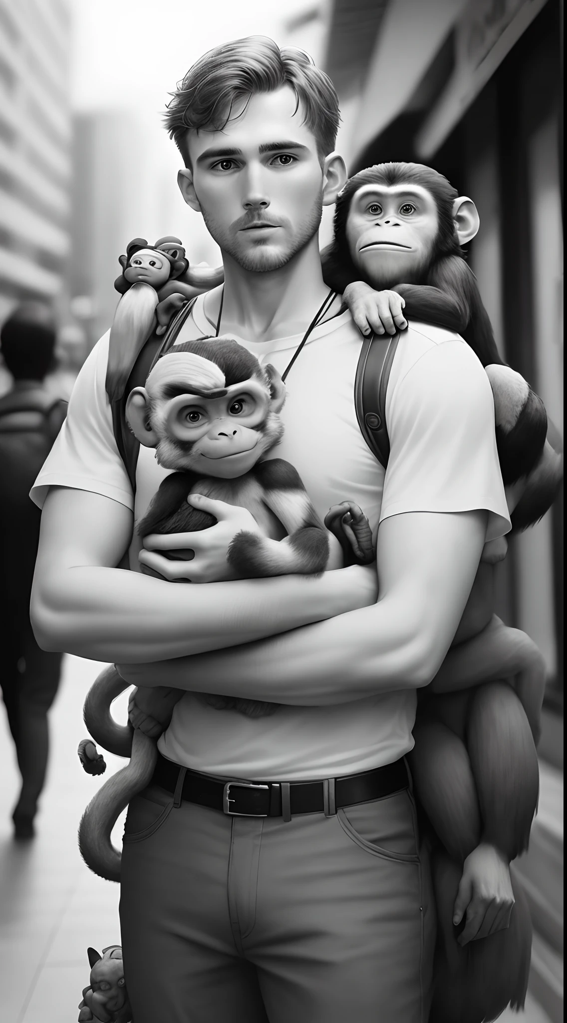 A white man hold a banana and a monkey on his shoulder as he witnesses terror in a black and white era