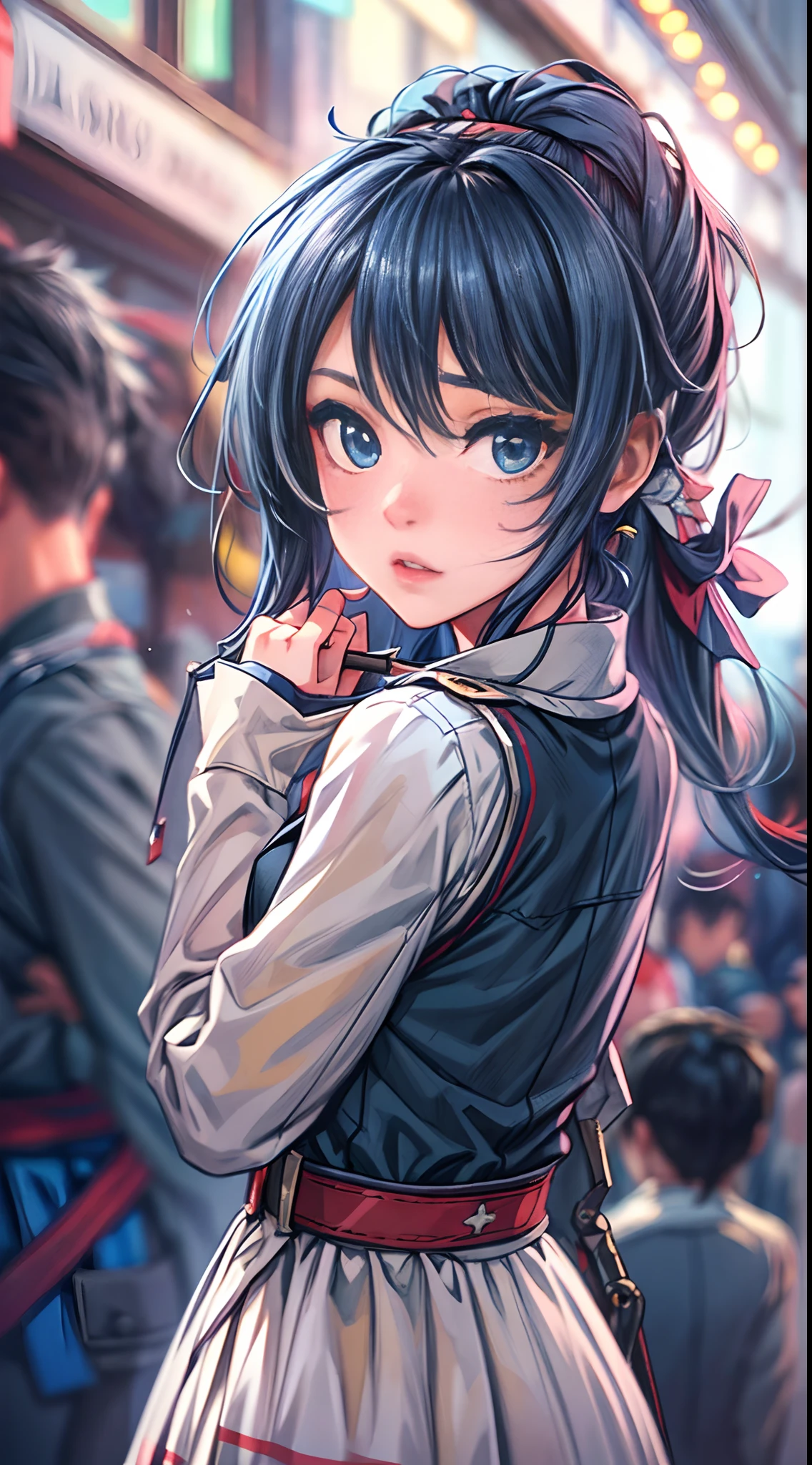 1girl,solo, Laura S. Arseid,inspired by trails of cold steel,beautiful detailed eyes,beautiful detailed lips,extremely detailed eyes and face,longeyelashes,long dark blue hair,ponytail and side Bang,small boobs,ultra-detailed,photorealistic:1.37, HDR,UHD,studio lighting,ultra-fine painting,sharp focus,physically-based rendering,extreme detail description,professional,vivid colors,bokeh,portrait, outdoor, in a school dress, in a military school, warrior