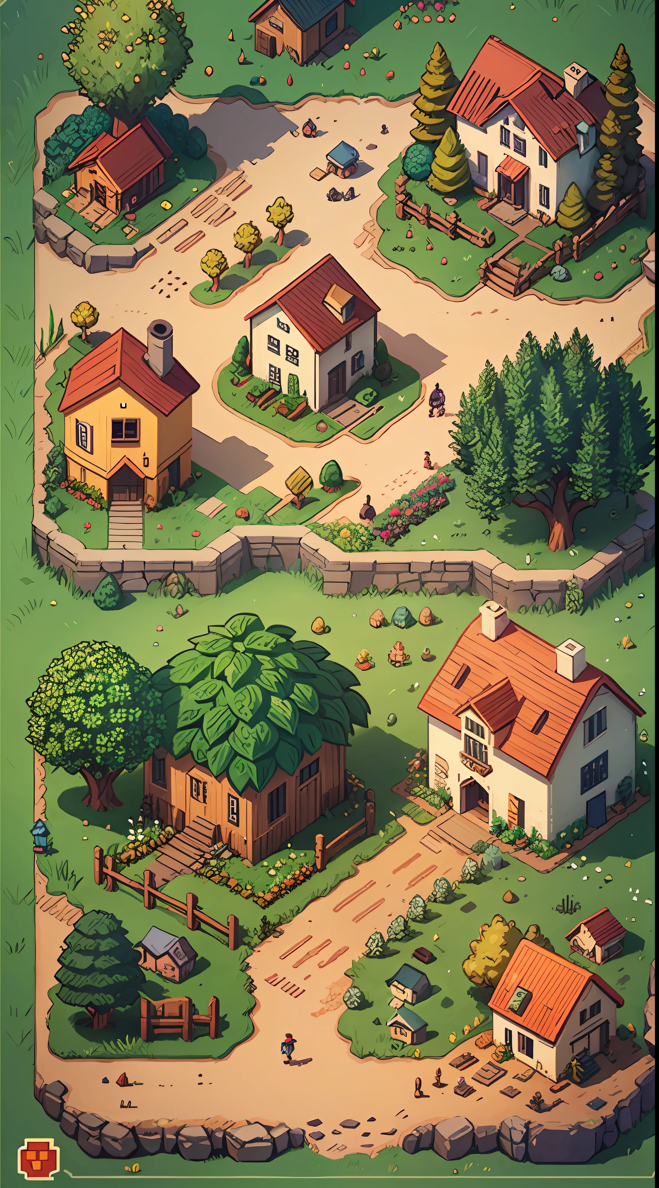 Stardew Valley style,pixilated, farms,cartoony, A large grid-shaped farmland,farms, steins, grassy,Verdure, wheat, the trees, critters, isometric 2 d game art, tmasterpiece, super detailing,genitals,Best quality at best