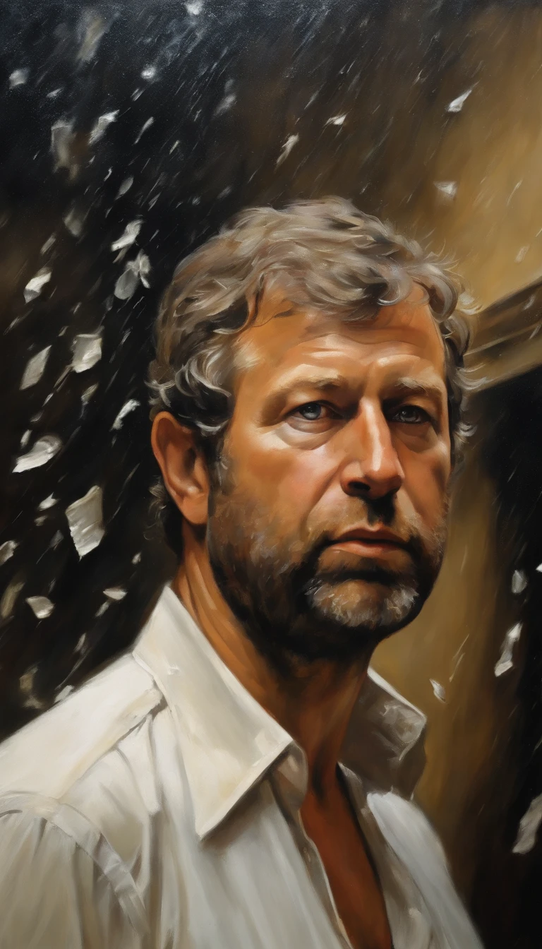 Roman Abramovich em chuva dinheiro, oil painting, pinceladas duras, dramatic lighting, intense expression, Olhos determinados, segurar punhos, suor escorrendo pelo rosto, terno enrugado, Broken streams, Crumbling dollar bills, Chart of the crumbling stock market, Smoke rises in the background, preto e branco com um toque de ouro, Realismo. (best quality, alta resolução, ultra-detalhado), (Realistic:1.37), profissional, vivid colors.