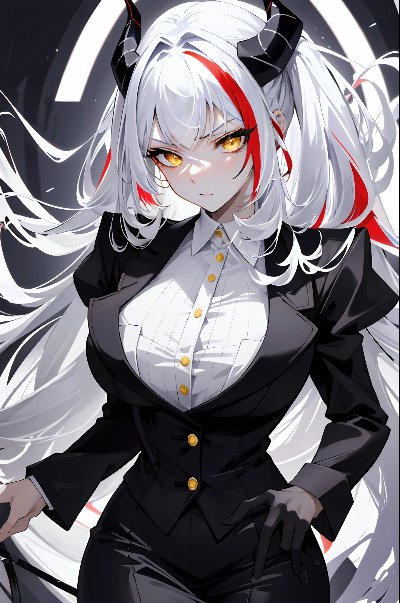 (masterpiece, 4k, high quality, highly detailed, detailed face, ((secretary outfit)), sexy, standing, elegant, black and white, vivid colors, natural lighting, amazing background), demon tail, seductive face, serious, ((adult woman)), straight cut hair bangs, long hair, big bust, ((white hair with red locks)), grey skin, ((yellow eyes)), demon horns, heels, good anatomy, evil, emotionless, intimidant, beautiful eyes, dark background, detailed eyes