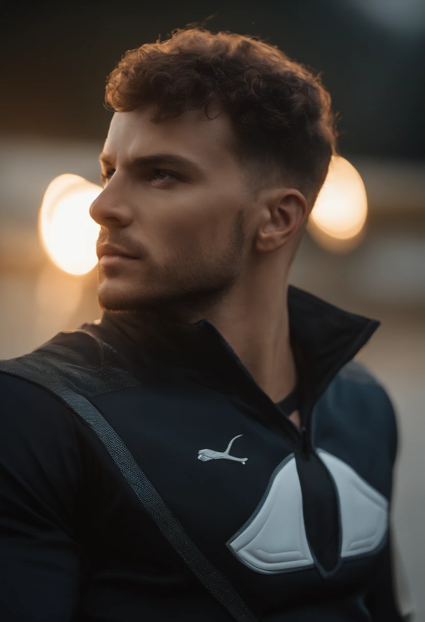 (Photo brute) day scene, un homme noir, cheveux court, petite barbichette, regardant devant lui avec le menton haut, Determined and sincere outlook, sourire en coin, Dressed in a white tracksuit with no writing, basket bleu marine, beau jeune visage, 18 I, soft volumetric lights, Programmable key lighting and filling, (backlit: 1.3), (cinematic: 1.3), Intricate details, (ArtStation: 1.2), skin spots, (Rousseur: 0.9), detailled eyes, Micro Details, FUJI XT3, photoreallistic, photorealism