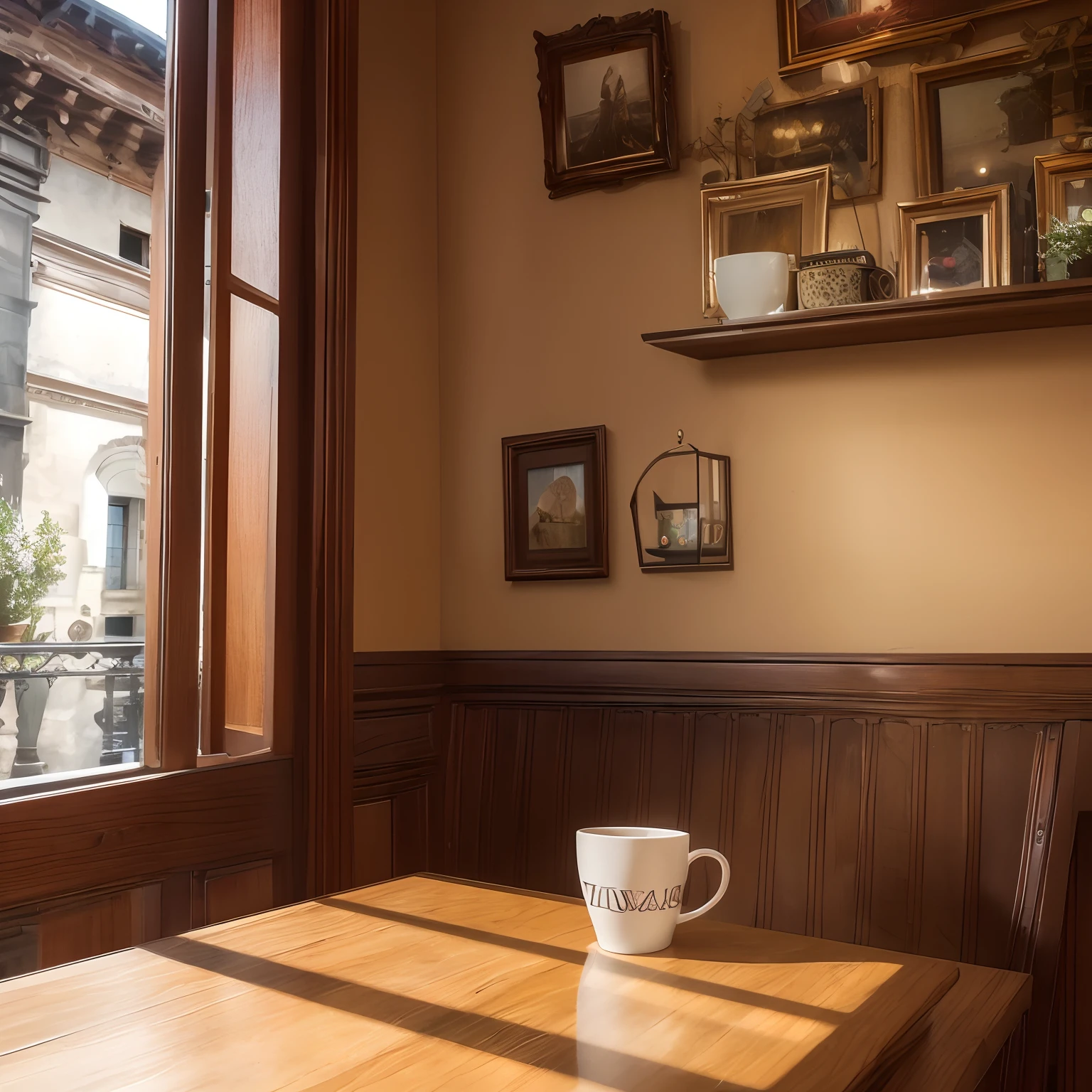 (high resolucion,Realstic),portrait,Beautiful details,softlighting,Vibrant colors,coffee cup,Table en bois,fleur,Creative atmosphere,Musique relaxante,coffee shop, sans humain
