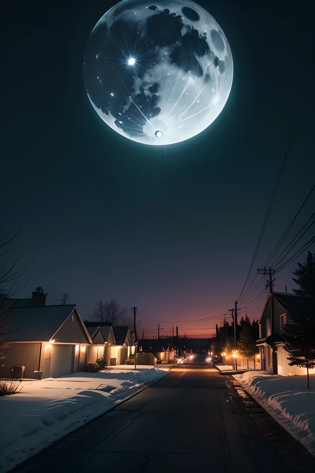 Creepy suburban neighborhood nighttime sky, aurora, 2 full moons, in the style of Simon Stalenhag