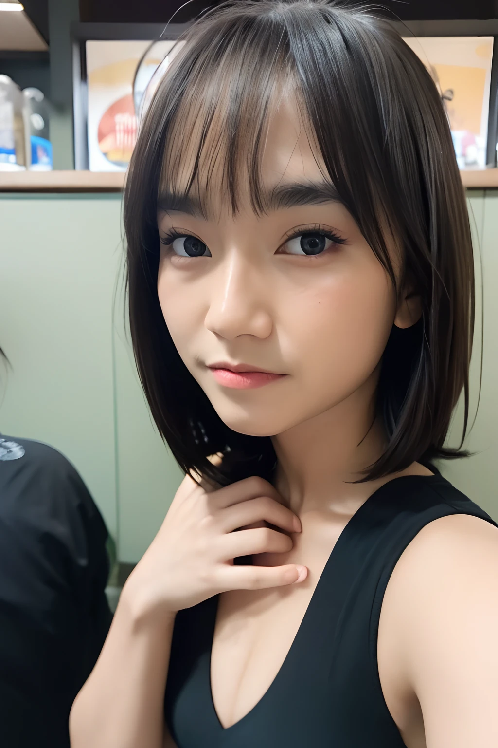 freya from JKT48, idol, indonesian girl, , black bikini, cute face, on the beach, close up, looking at camera, cinematic, sharp lense, professional photographie, 70mm lense, soft light, , 4k