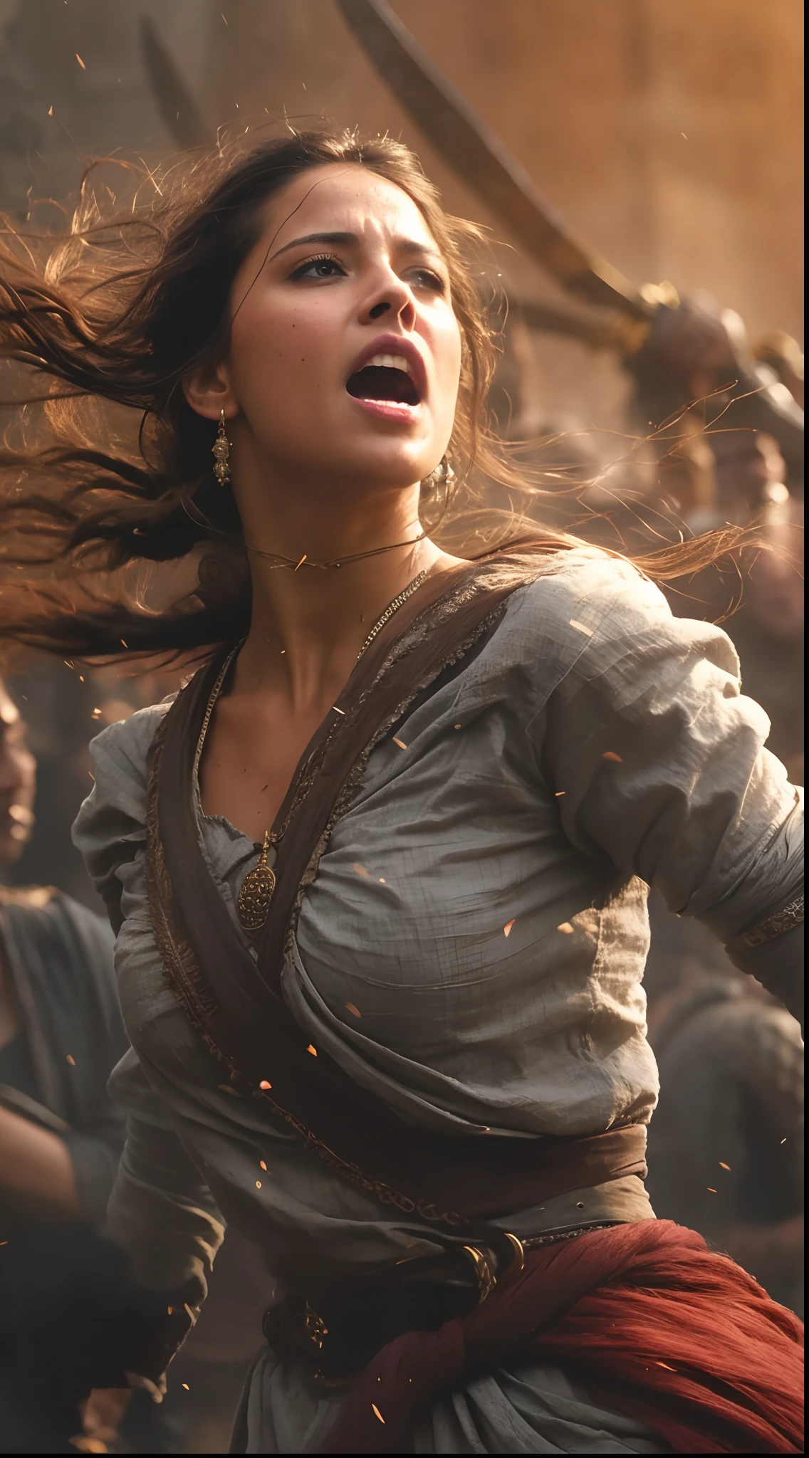 Foto RAW, foto retrato a woman standing in front of a crowd of people, inspired by Magali Villeneuve, fantasy art, handsome prince of persia, vfx movie closeup, tomb raider beautiful, whirlwind, action scene from the film, the mummy, astri lohne, closeup - view, weta disney, Staring Sofia Vergara Screaming, mortal engines, beautiful gorgeous, morning shot, sombras duras, Cinematic Shot, dramatic lighting