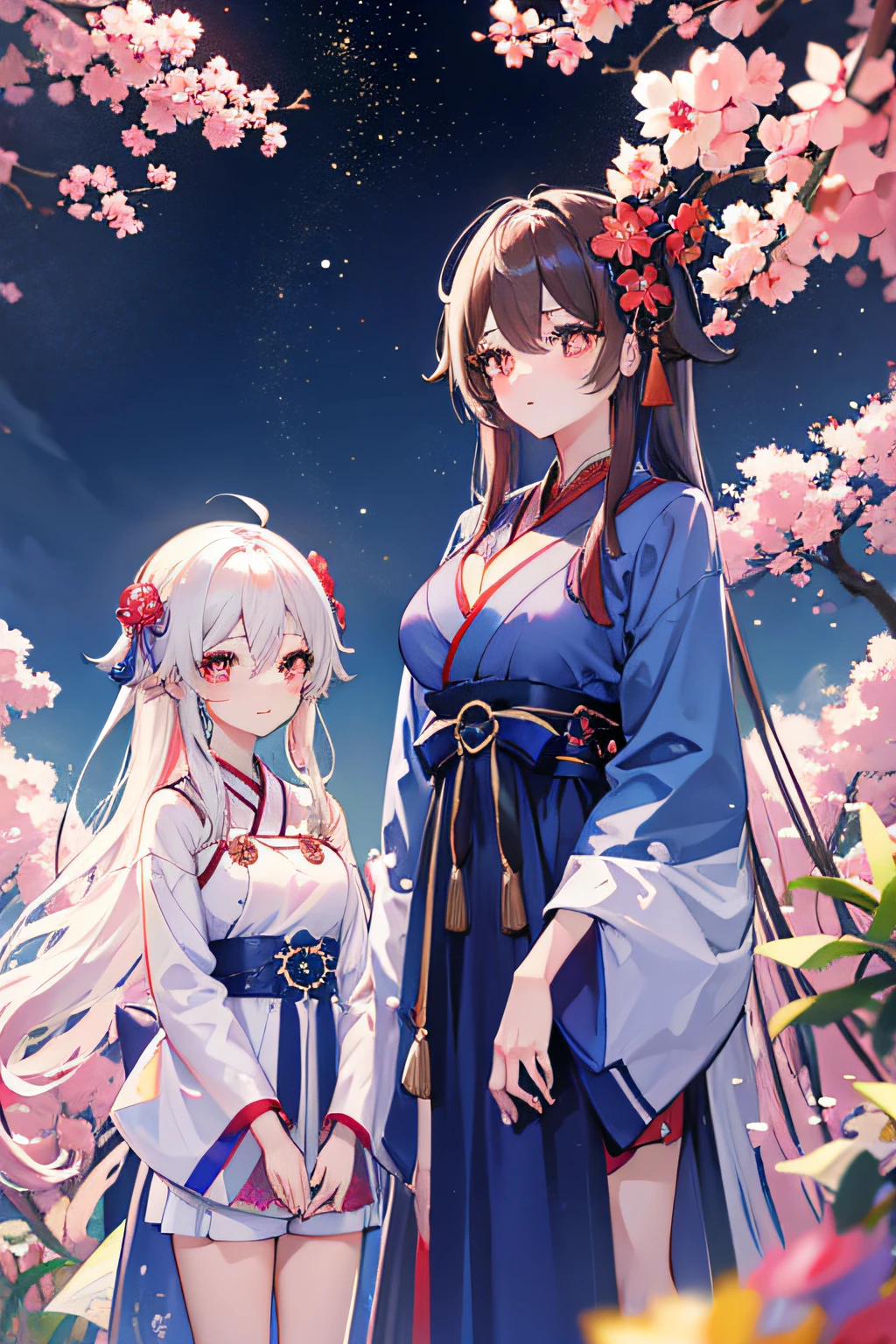 Best quality at best， 超高分辨率， hyper HD，Two young girls，komono，Hanfu，Noble，full bodyesbian，Look at the stars，Imagine the future，Blue pupil，Lori huge breasts cleavage，big breasts beautiful.