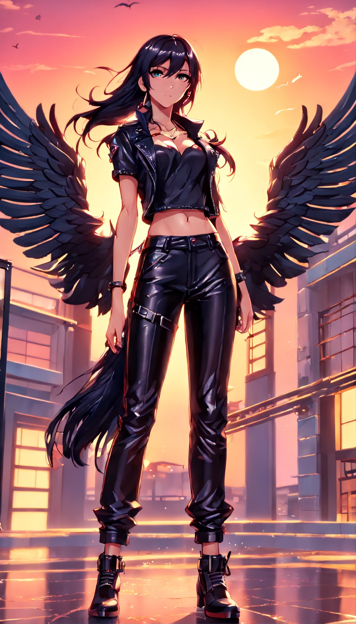 masterpiece, best quality, movie still, 1girl, monstergirl, crow woman, full body, portrait, detailed (eyes), long (hair), perfect body, proportional body, crow|raven wings, deep look, wearing (leather pants:2), close-up, cold soft lighting, sunset, (aura:0.7)