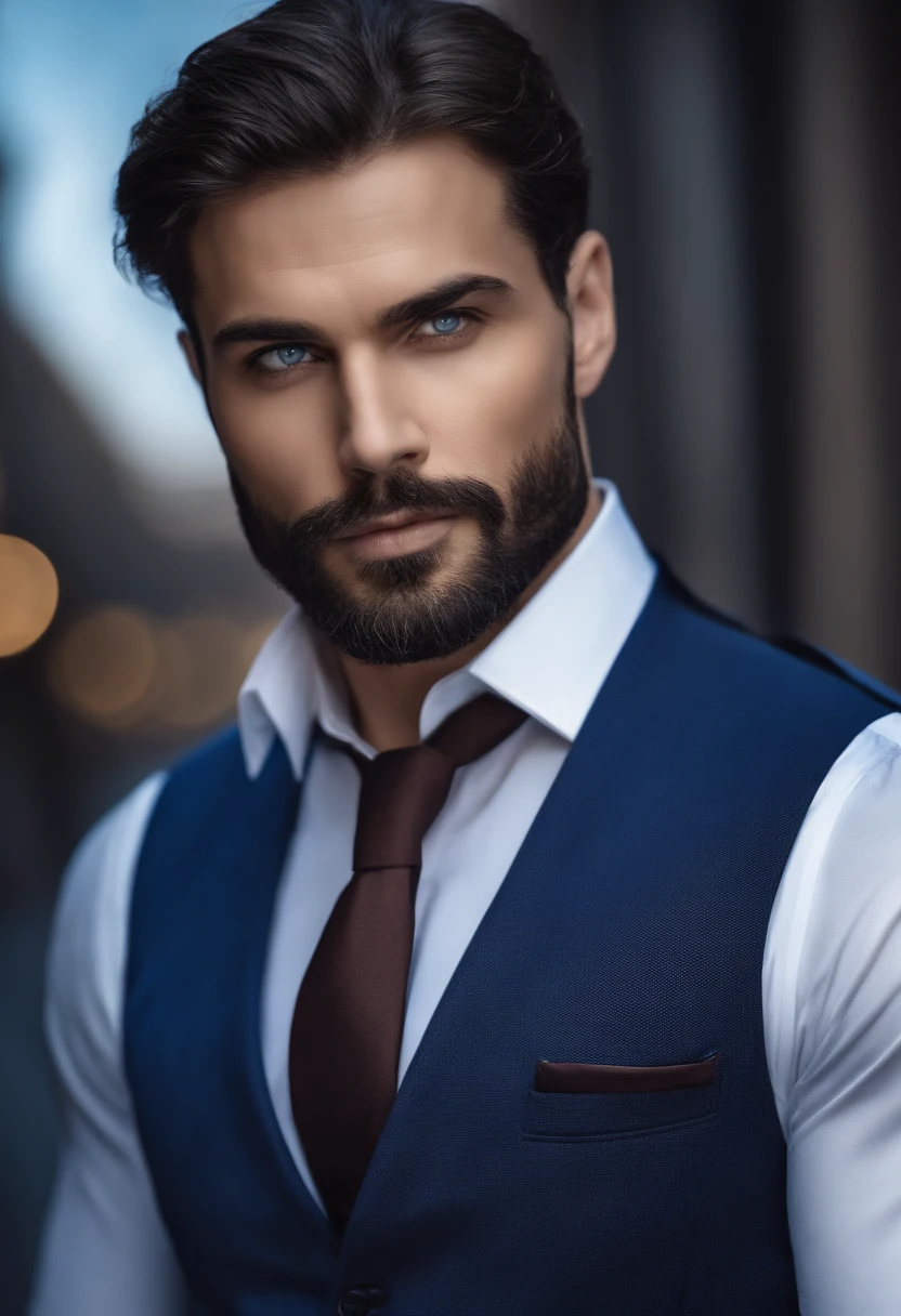(Professional man in normal clothes ), (Pas de barbe,) (yeux bleus) (portrait) Beautiful and serious appearance, dark blue hair, Elegant and elegant, and strong body very formal white shirt, (Realistic and high-quality image), ((Best quality, 8k, master piece).