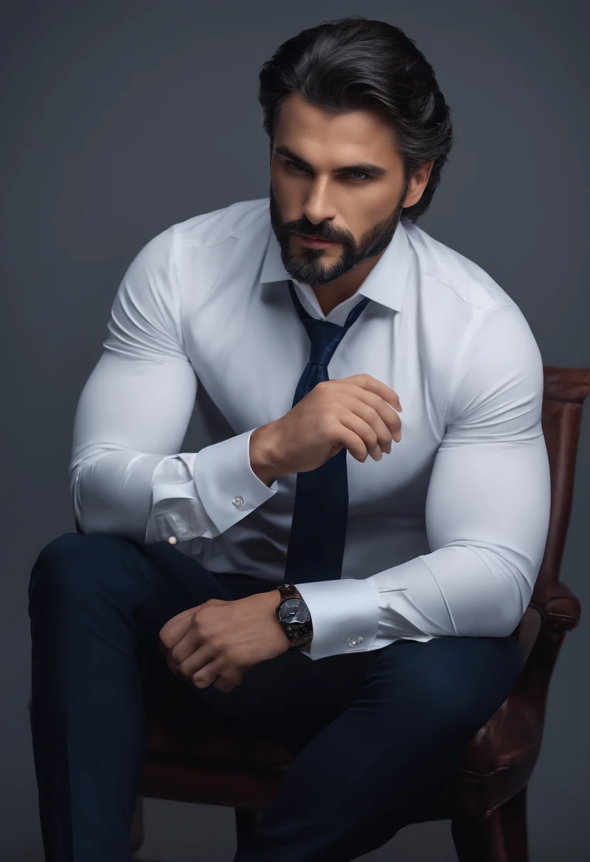 (Professional man in normal clothes ), (Pas de barbe,) (yeux bleus) (portrait) Beautiful and serious appearance, dark blue hair, Elegant and elegant, and strong body very formal white shirt, (Realistic and high-quality image), ((Best quality, 8k, master piece).