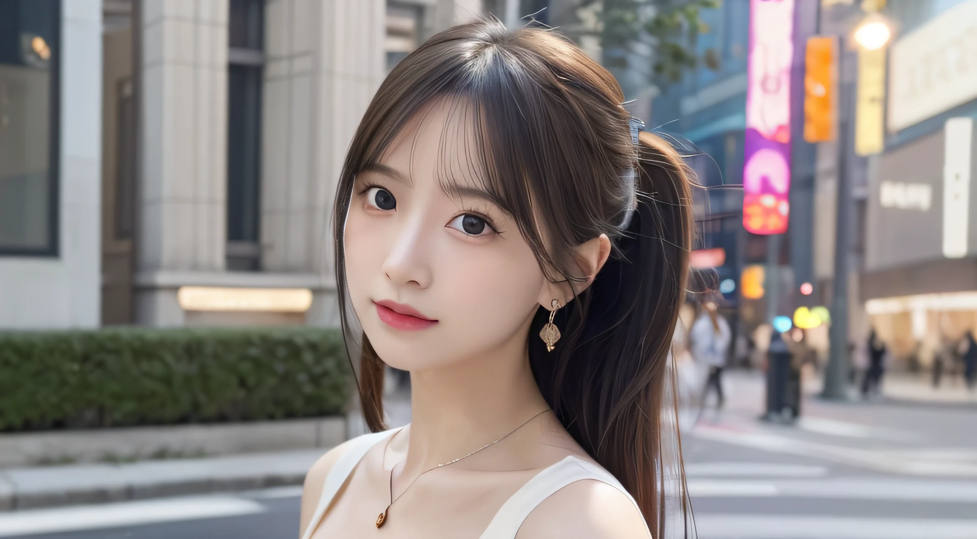 (Standing on a well-lit street),(streetlights),(low-key lighting),piece sign, (extremely delicate and beautiful work), (masterpiece), 1girl, a girl in a black dress, highDetails, (Twin-tailed), Charming look, Beautiful and clear eyes, Blue Pupils, delicate necklaces, Delicate earrings, Fairy ears, Simple blurred background, Super Detailed Description, Beautiful fece, Charming, Ultra-definition painting, delicated face, Delicate figures, thin clavicle, Beautiful lips, Beautiful breasts, Soft back view, mix4,(8k, RAW Photography, Top image quality, masterpiece:1.2), (realistic, realistic:1.37),女の子1人,cute little,A city scape, Professional Writing、Photon Mapping、Radio City、physically-based renderingt、