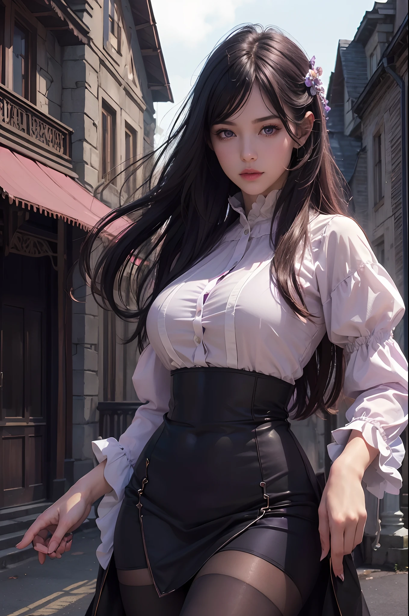 (Best Quality,4k,8K,hight resolution,Masterpiece:1.2),Ultra-detailed,(Realistic,Photorealistic,photo-realistic:1.37), Vivid colors, Dark atmosphere, soft-lighting, Beautiful, Wide Detail ((violet eyes)), handsome body, nice feet, pink blouse, dark knee-length long skirt, soft colors, long dark hair, Youthful appearance, confident expression, Stylish outfit, dark tights, nylon, Background of the mansion, delicate features, cinematic  composition, mysterious aura, detailized face.