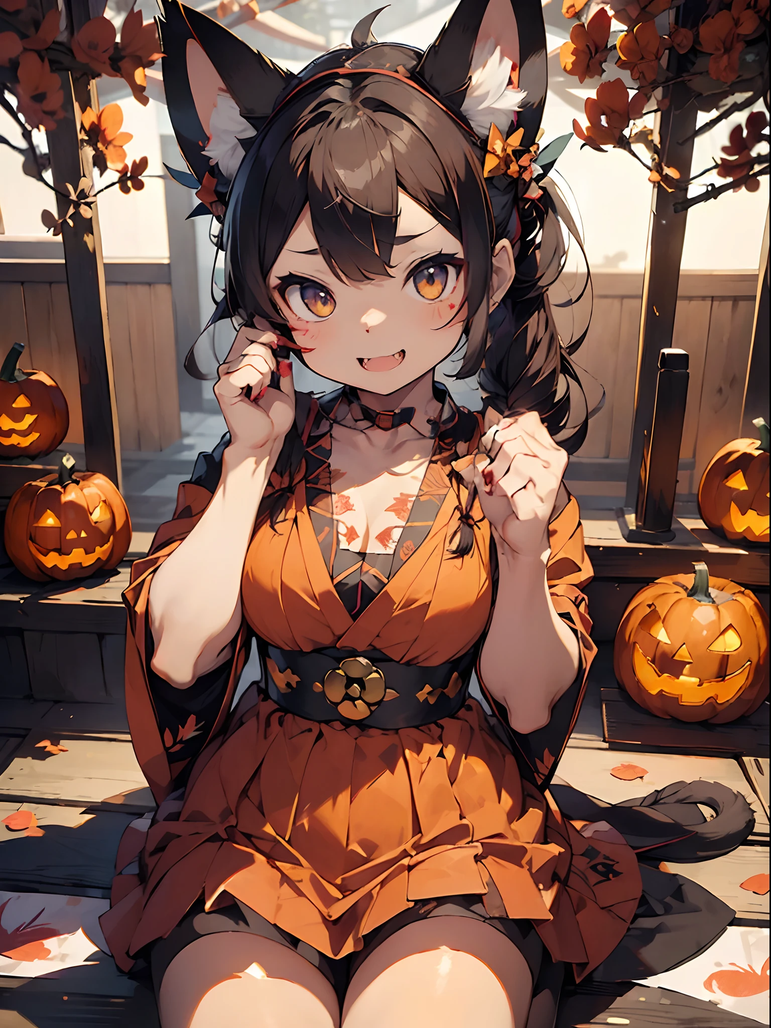 master piece,hyper quality, Hyper Detailed,Perfect drawing,1 beautiful girl、(((Cat ears)))、(Cat nose)、(Cat Palm)、sharp claws、Sharp fangs、Eyes aiming at prey、white hair、poneyTail、Tie your hair with a red ribbon、Dark eyes、odd eye、Samurai attire、Kimono(Cat handprint pattern:1.4)、Equipped with two Japan swords、Turn around with a smile、(((pow pause:1.4)))、Old Japan、Temples and shrines、(((Halloween)))、(((Turnip Jack-o'-Lantern)))、beatiful backgrounds、Accurate drawing、Detailed drawing、Perfect Photo、
