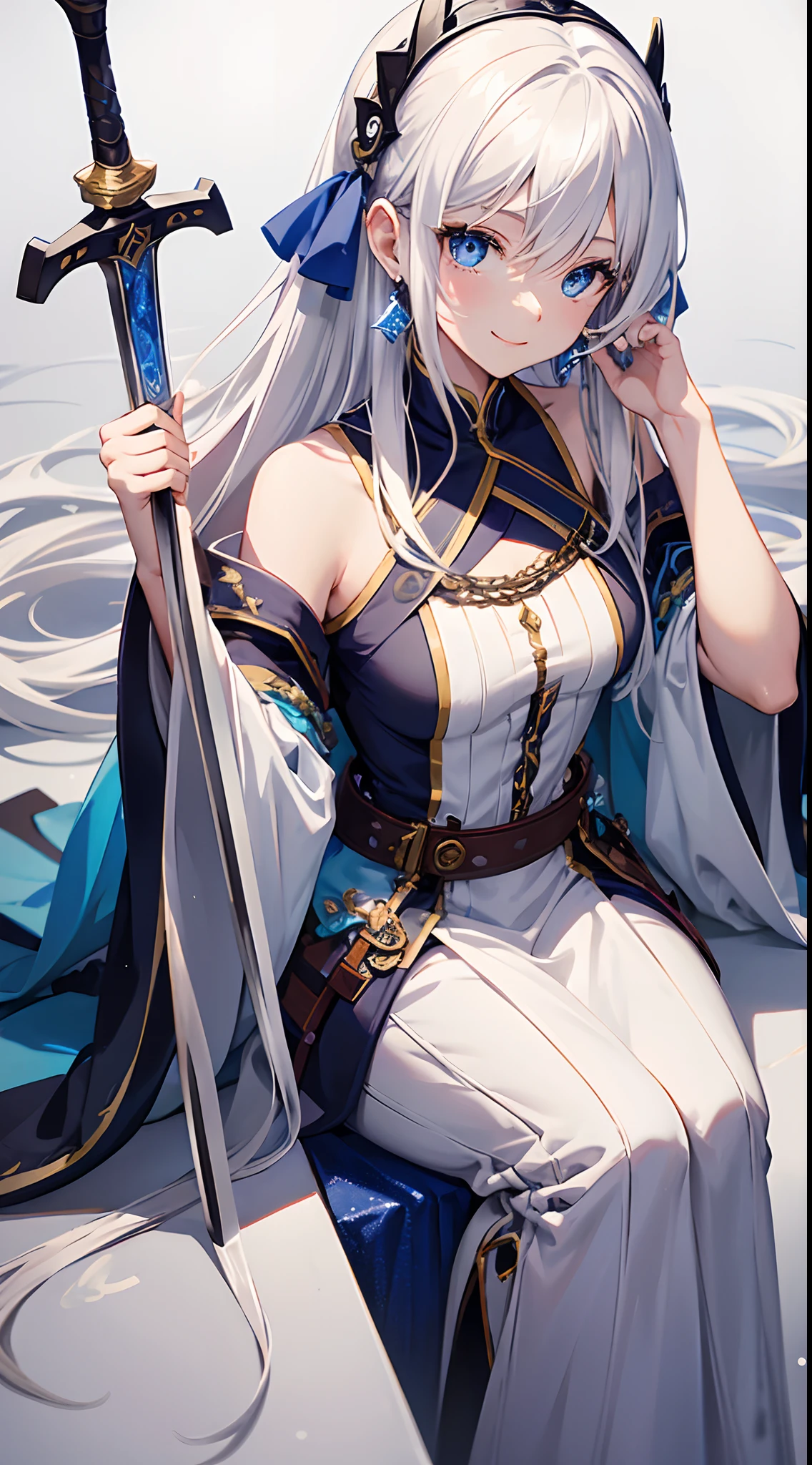 Cover magazine, anime, woman, solo, long hair, white hair, blue eyes, model, beautiful, fantasy, Casual clothes. Hair accessories. Unusual hairstyles. Earrings. Smile. Cheerful. Sword.