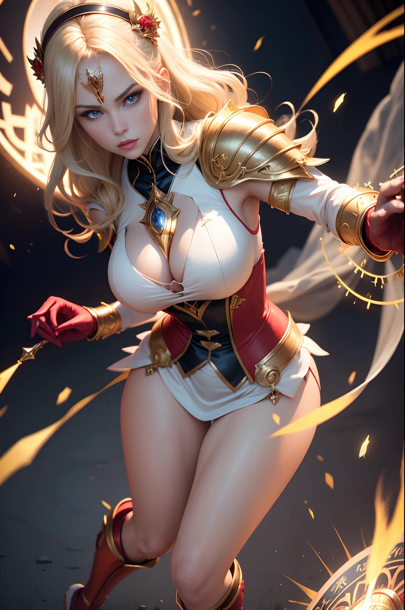 ((Best Quality)), ((masutepiece)), ((Realistic)), Celtic witch, Witch, artistic anatomic hands, Artistic anatomy, Glowing blue eyes, Female face, , Trending on ArtStation, Sharp Focus, studio photo, Intricate details, Very detailed, Detailed eyes, Illustration, Very detailed, Red and Black Witch Costume,Sharp Focus, a digital rendering, Professional, 8K　Beautiful expression　超A high resolution　real looking skin　Colorful effects of magic circles behind,in woods,Super beauty(Jaws like the real thing)