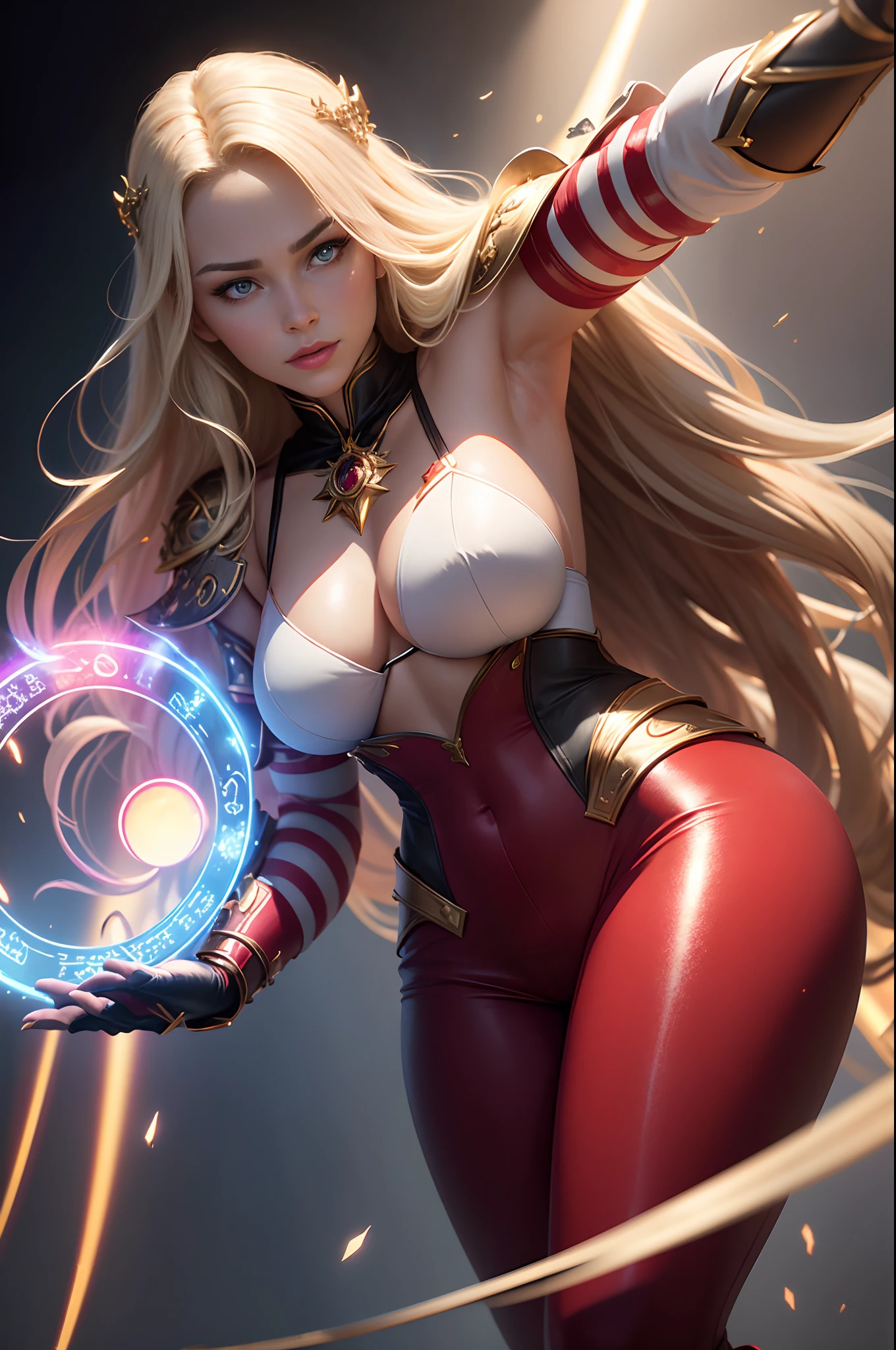 ((Best Quality)), ((masutepiece)), ((Realistic)), Celtic witch, Witch, artistic anatomic hands, Artistic anatomy, Glowing blue eyes, Female face, , Trending on ArtStation, Sharp Focus, studio photo, Intricate details, Very detailed, Detailed eyes, Illustration, Very detailed, Red and Black Witch Costume,Sharp Focus, a digital rendering, Professional, 8K　Beautiful expression　超A high resolution　real looking skin　Colorful effects of magic circles behind,in woods,Super beauty(Jaws like the real thing)