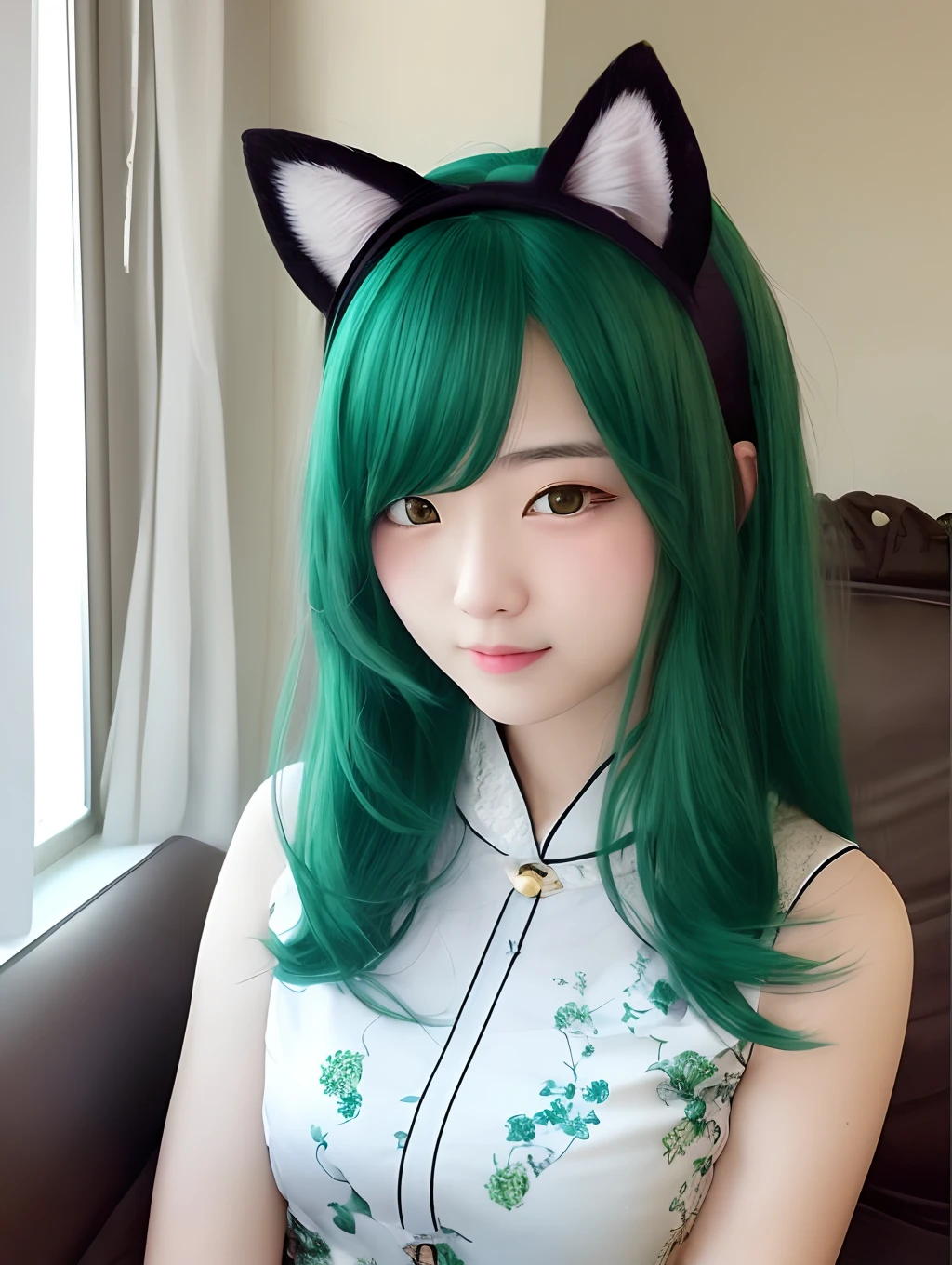 Long-haired girl with green hair、He has cat ears and wears china clothes