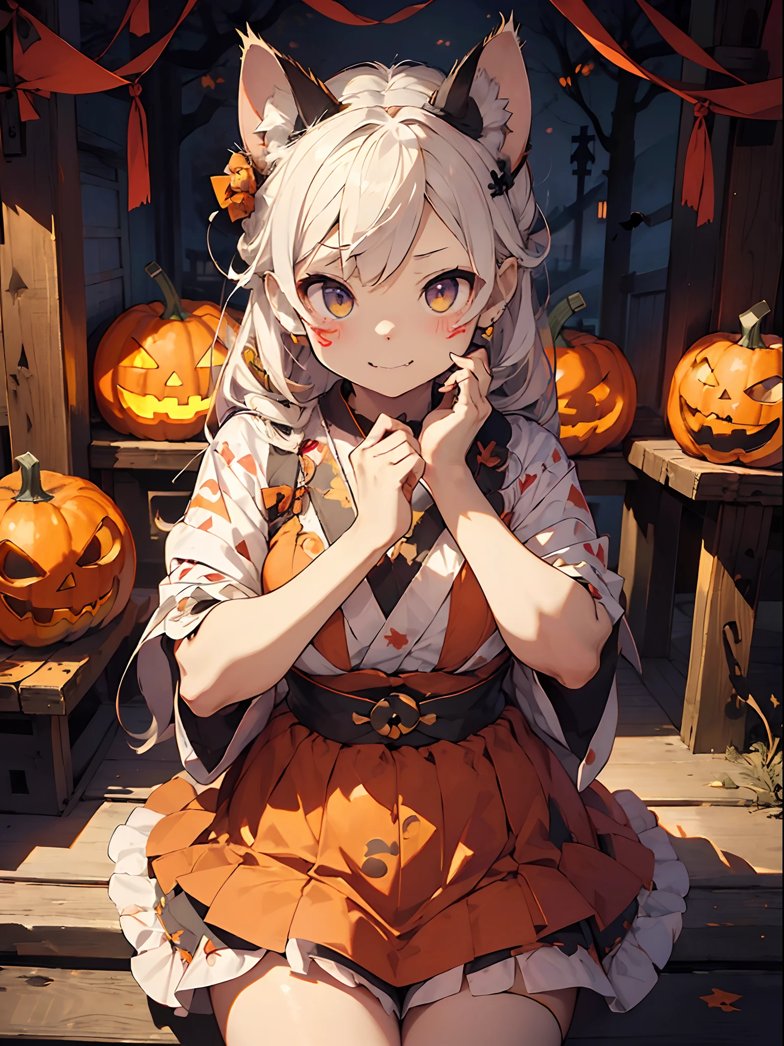 ​master piece,hyper quality, Hyper Detailed,Perfect drawing,1 beautiful girl、(((Cat ears)))、(Cat nose)、(Cat Palm)、sharp claws、Sharp fangs、Eyes aiming at prey、white  hair、poneyTail、Tie your hair with a red ribbon、Dark eyes、odd eye、Samurai attire、Kimono(Cat handprint pattern:1.4)、Equipped with two Japan swords、Turn around with a smile、(((pow pause:1.4)))、Old Japan、Temples and shrines、(((Halloween)))、(((Turnip Jack-o'-Lantern)))、beatiful backgrounds、Accurate drawing、Detailed drawing、Perfect Photo、