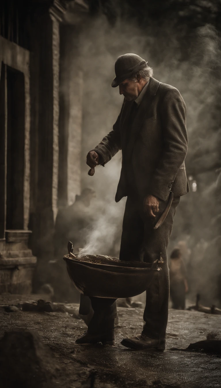 Homem em chuva dinheiro, oil painting, pinceladas duras, dramatic lighting, intense expression, Olhos determinados, segurar punhos, suor escorrendo pelo rosto, terno enrugado, Broken streams, Crumbling dollar bills, Chart of the crumbling stock market, Smoke rises in the background, preto e branco com um toque de ouro, Realismo. (best quality, alta resolução, ultra-detalhado), (Realistic:1.37), profissional, vivid colors.