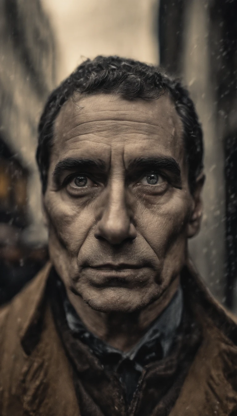 Homem em chuva dinheiro, oil painting, pinceladas duras, dramatic lighting, intense expression, Olhos determinados, segurar punhos, suor escorrendo pelo rosto, terno enrugado, Broken streams, Crumbling dollar bills, Chart of the crumbling stock market, Smoke rises in the background, preto e branco com um toque de ouro, Realismo. (best quality, alta resolução, ultra-detalhado), (Realistic:1.37), profissional, vivid colors.