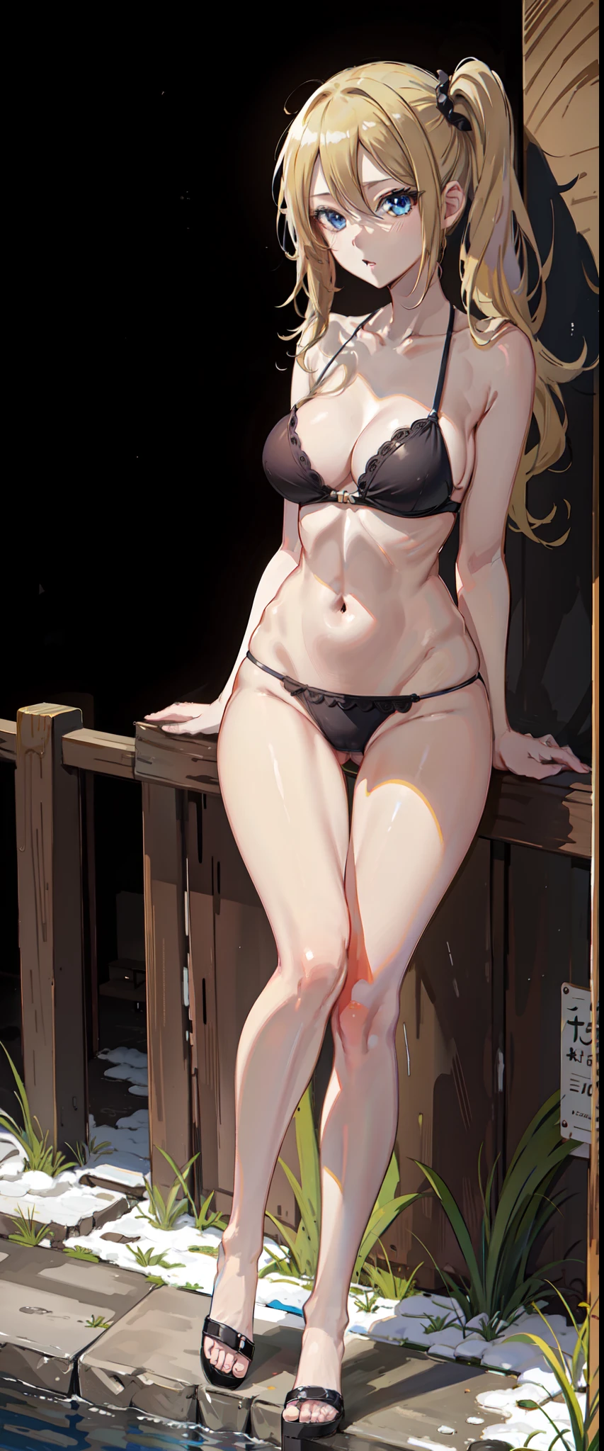 Hayasaka ai, high resolution, blue eyes, blonde hair, long hair, side ponytail, slim legs, navel,  cleavage, slim waist, narrow waist, happy, bikini, naked