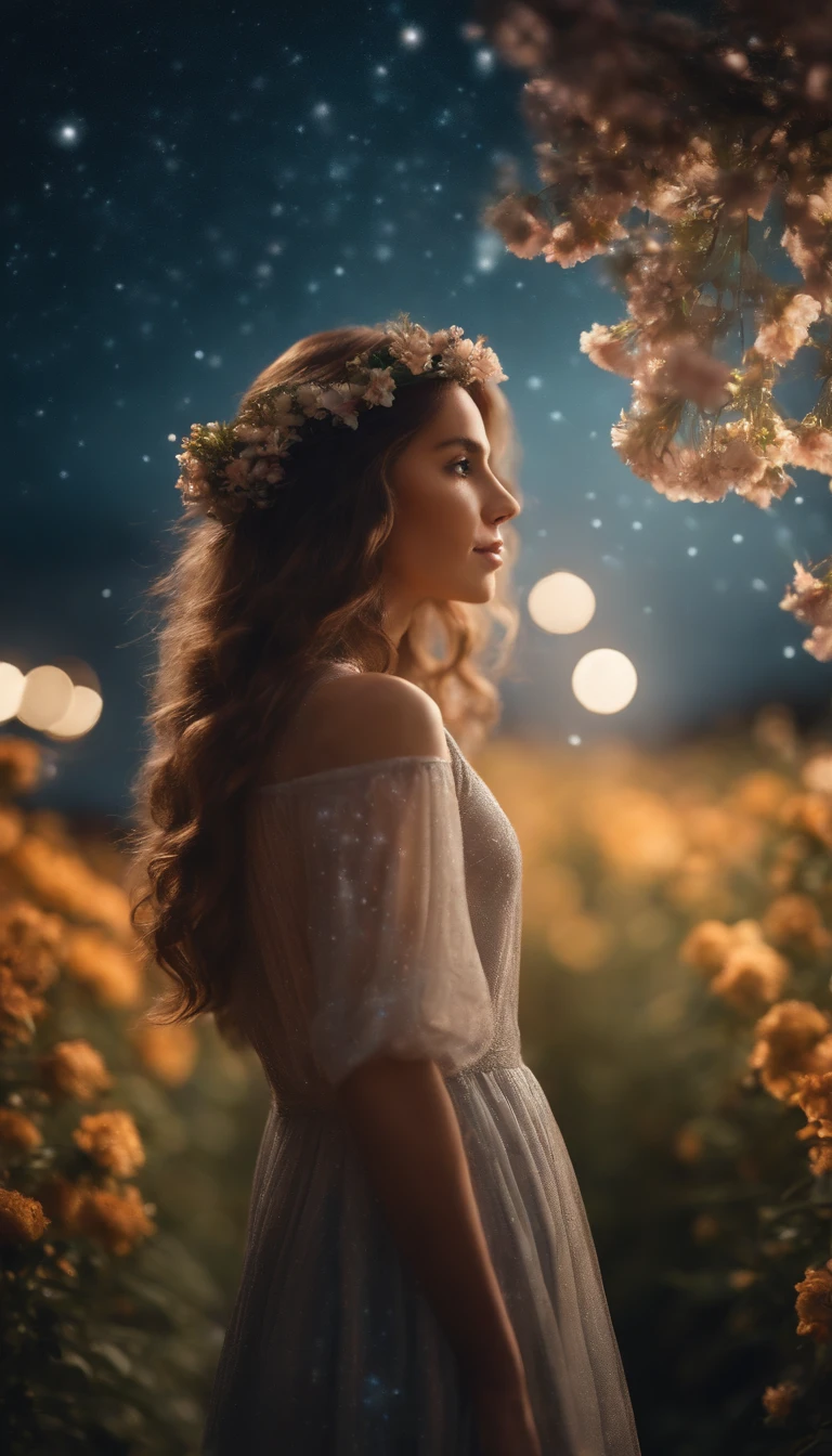 of the highest quality, high_resolution, Distinct_image, Detailed background, girl, flower, garden, Starry sky,