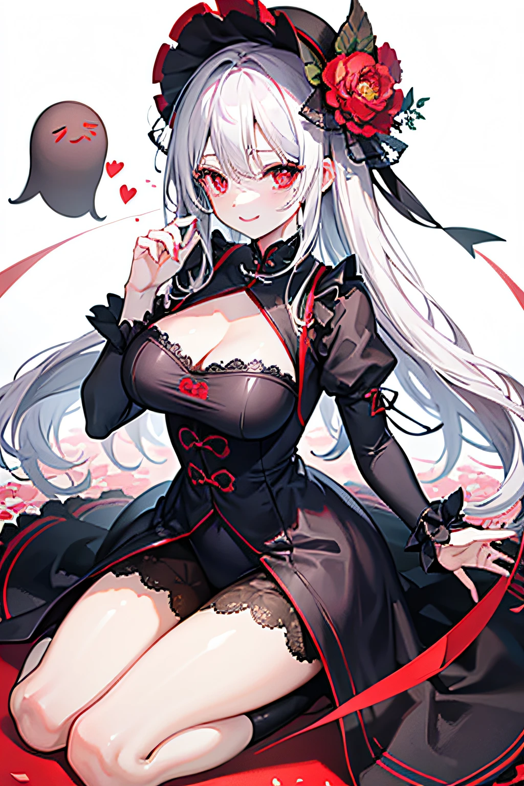 Best quality at best, 超高分辨率, chiquita, Dark Gothic suit, adolable,Two ghost dolls on his hands , full bodyesbian, smiling at me, red eyes, flower pupils, sweet, big breasts beautiful, adolable, care, is shy, hyper HD。White hair and red eyes