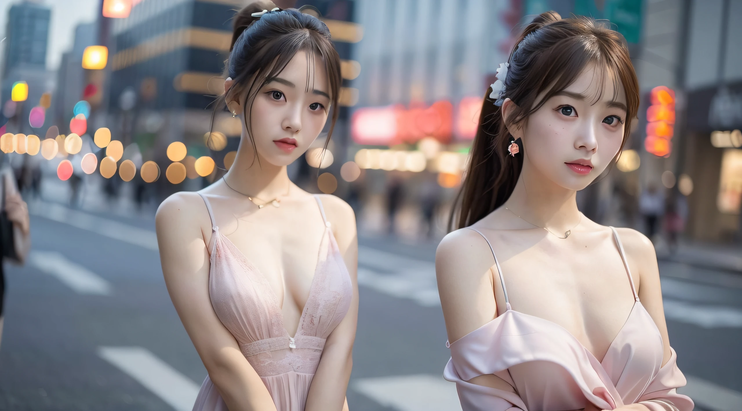 (Standing on a well-lit street),(streetlights),(low-key lighting),Random posture, (extremely delicate and beautiful work), (​masterpiece), 1girl, a girl in a pink dress, highDetails, Warped ponytail, Charming look, Beautiful and clear eyes, Blue Pupils, delicate necklaces, Delicate earrings, Fairy ears, Simple blurred background, Super Detailed Description, Beautiful fece, Charming, Ultra-definition painting, delicated face, Delicate figures, thin clavicle, Beautiful lips, Beautiful breasts, Soft back view, mix4,(8k, RAW Photography, Top image quality, masterpiece:1.2), (realistic, realistic:1.37),女の子1人,cute little,A city scape, Professional Writing、Photon Mapping、Radio City、physically-based renderingt、