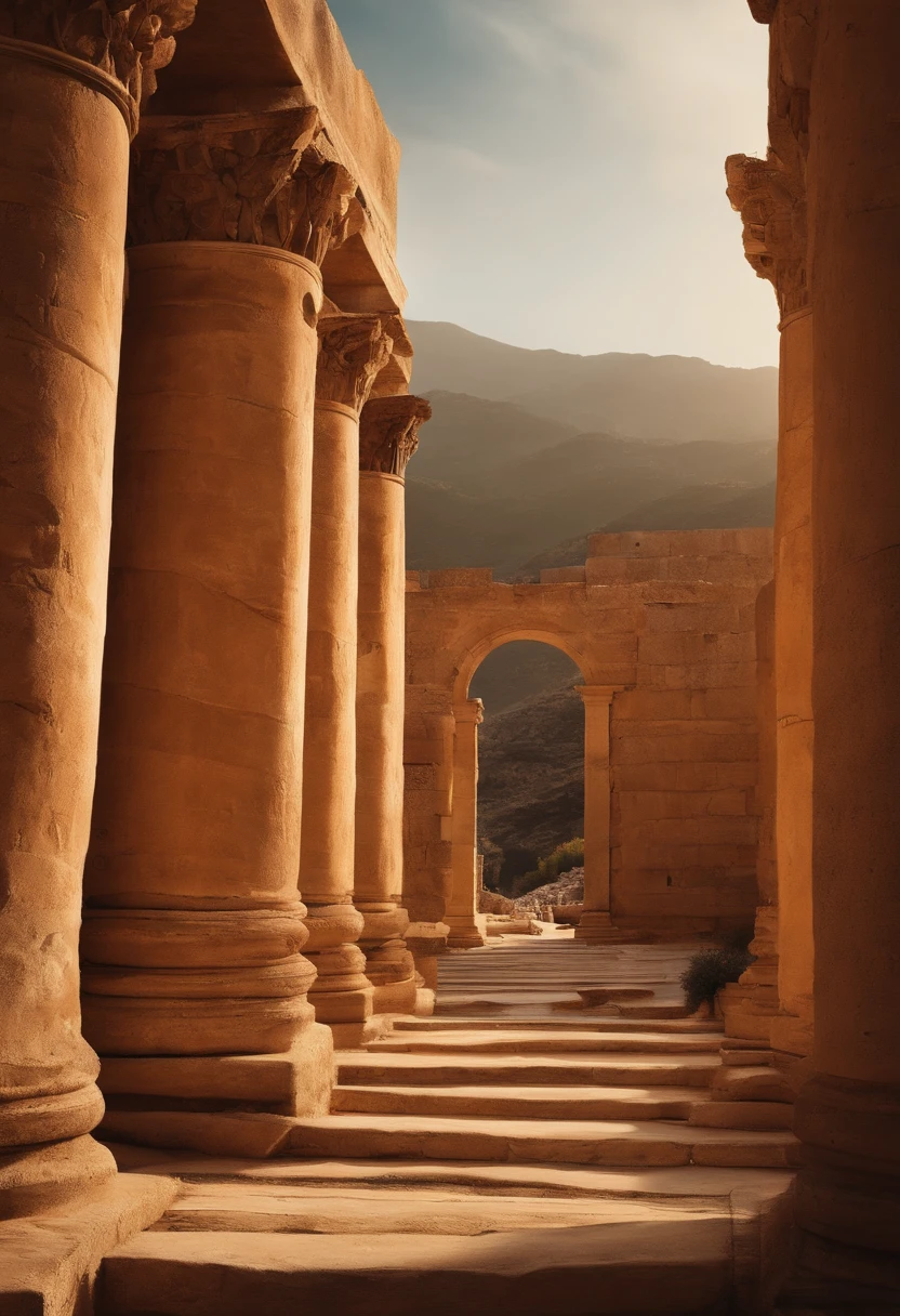 Apresente uma imagem que retrate cidades antigas, like Ancient Greece. Esta imagem deve ser retratada de forma realista, but with a contemporary twist that softens timelines. Its purpose is to highlight the beauty of this ancient city and captivate those who contemplate it. Draw inspiration from the richness of the history and culture of these places to create a captivating and harmonious view. The style is a reallistic photograph using a 50mm len in 4k application contrast.