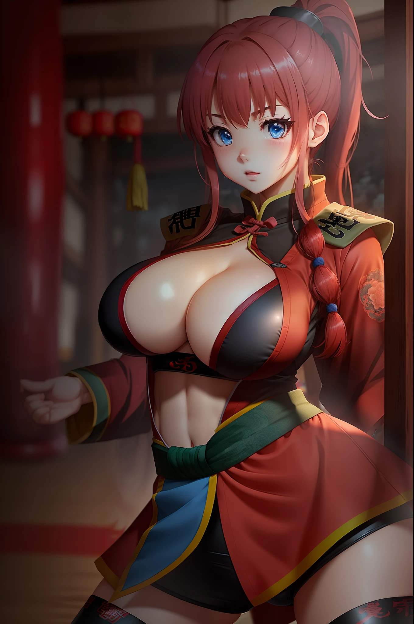 1girl in、anime a girl、Kung Fu Girl、Chinese Martial Arts Uniform、Highkick、huge tit、dojo、valley、redhair、poneyTail、Blue eyes、top-quality、Buttocks、perspiring