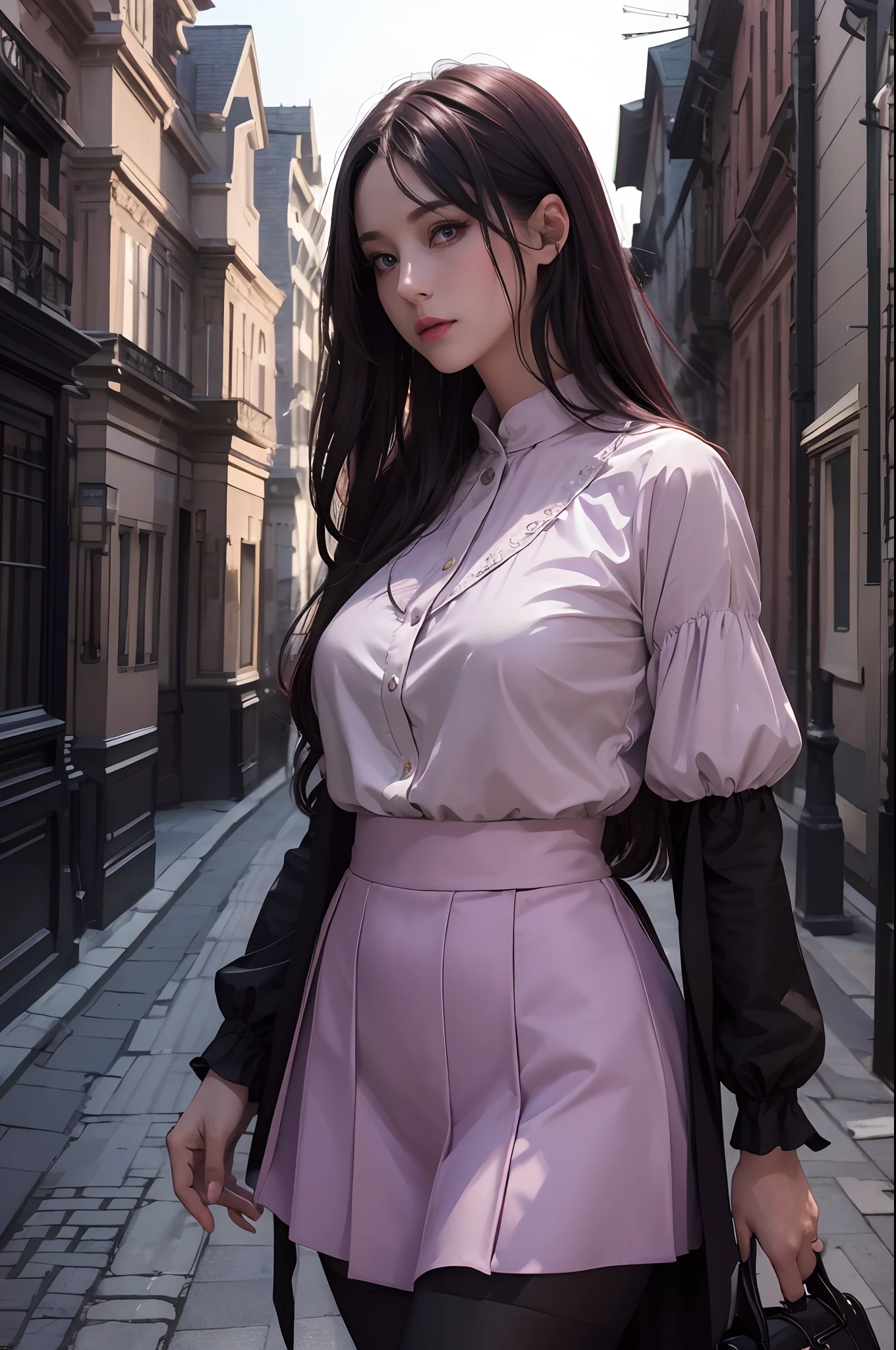 (Best Quality,4k,8K,hight resolution,Masterpiece:1.2),Ultra-detailed,(Realistic,Photorealistic,photo-realistic:1.37), Vivid colors, Dark atmosphere, soft-lighting, Beautiful, Wide Detail ((violet eyes)), handsome body, nice feet, pink blouse, dark knee-length long skirt, soft colors, long dark hair, Youthful appearance, confident expression, Stylish outfit, dark tights, nylon, Background of the mansion, delicate features, cinematic  composition, mysterious aura, detailized face.