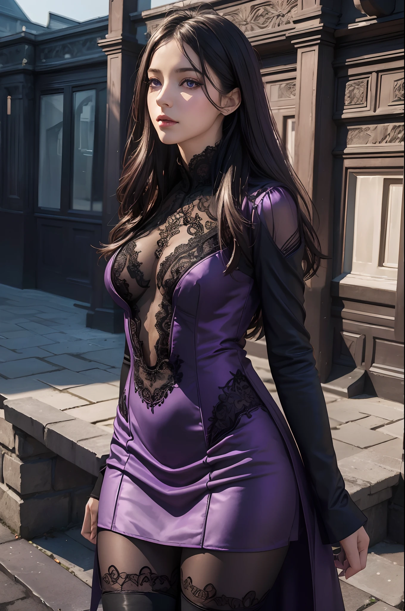 (Best Quality,4k,8K,hight resolution,Masterpiece:1.2),Ultra-detailed,(Realistic,Photorealistic,photo-realistic:1.37), portrai, Vivid colors, Dark atmosphere, soft-lighting, Beautiful, Wide Detail ((violet eyes)), handsome body, nice feet, blouse, dark knee-length long skirt, soft colors, long dark hair, Youthful appearance, confident expression, Stylish outfit, knee-high boots, Lace Dress, dark tights, nylon, Background of the mansion, delicate features, Intricate patterns on the dress, cinematic composition, mysterious aura.