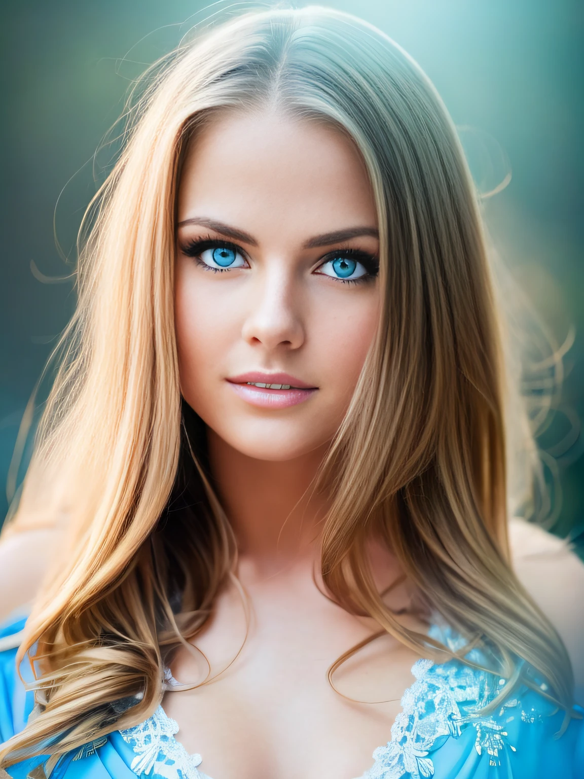 Beautiful blonde woman with sexy appearance and big blue eyes, Cute natural makeup, Realistic, Concept art, elegant, Highly detailed, Complex, sharp-focus, Depth of field, f/1. 8, 85 mm, Mid, Mid, (professional colour grading)), Clear Focus, Bright soft diffused light, (volumetric fog), Popular on Instagram, HDR 4K, 8K, fat
