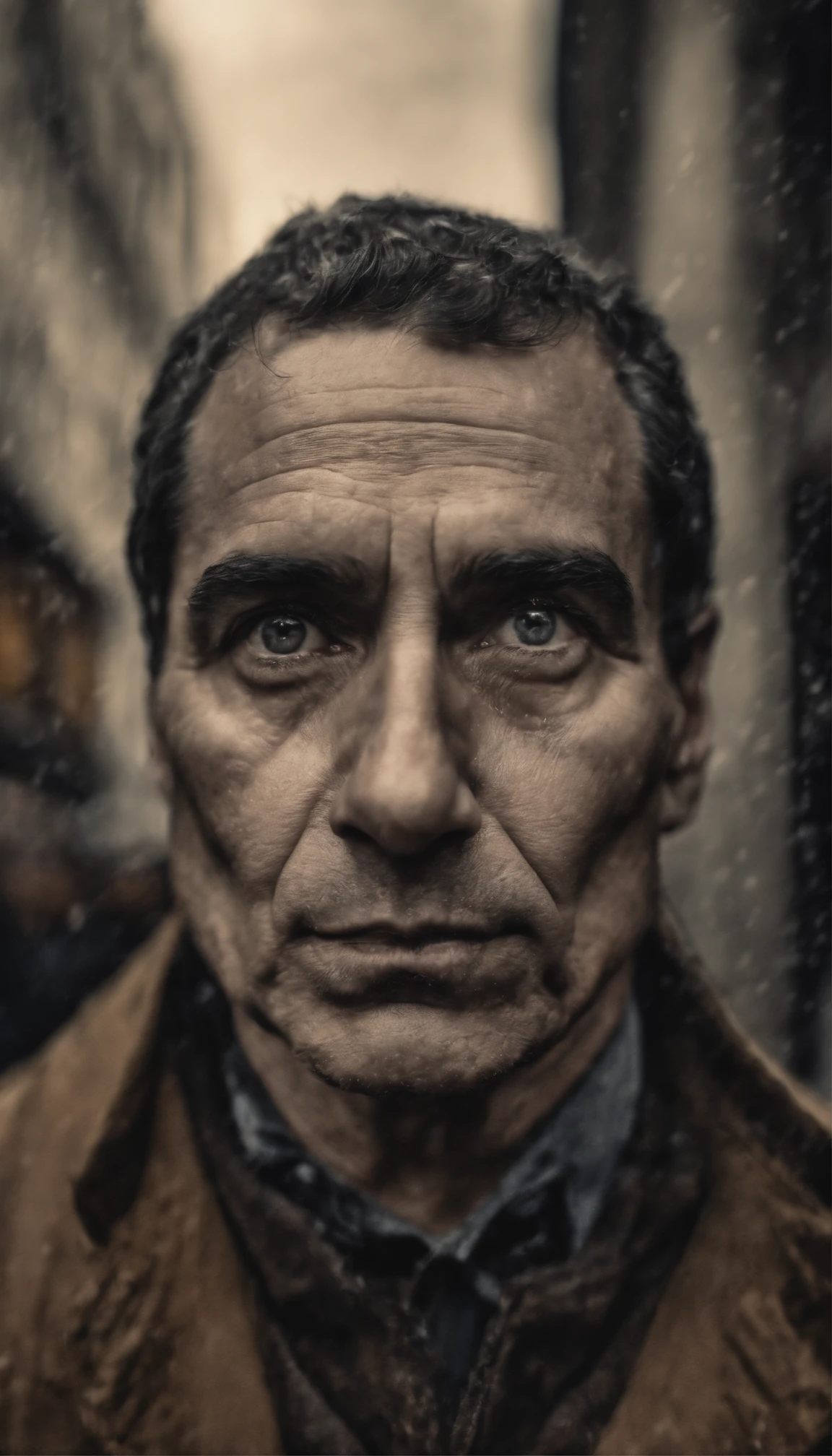 Homem em chuva dinheiro, oil painting, pinceladas duras, dramatic lighting, intense expression, Olhos determinados, segurar punhos, suor escorrendo pelo rosto, terno enrugado, Broken streams, Crumbling dollar bills, Chart of the crumbling stock market, Smoke rises in the background, preto e branco com um toque de ouro, Realismo. (best quality, alta resolução, ultra-detalhado), (Realistic:1.37), profissional, vivid colors.