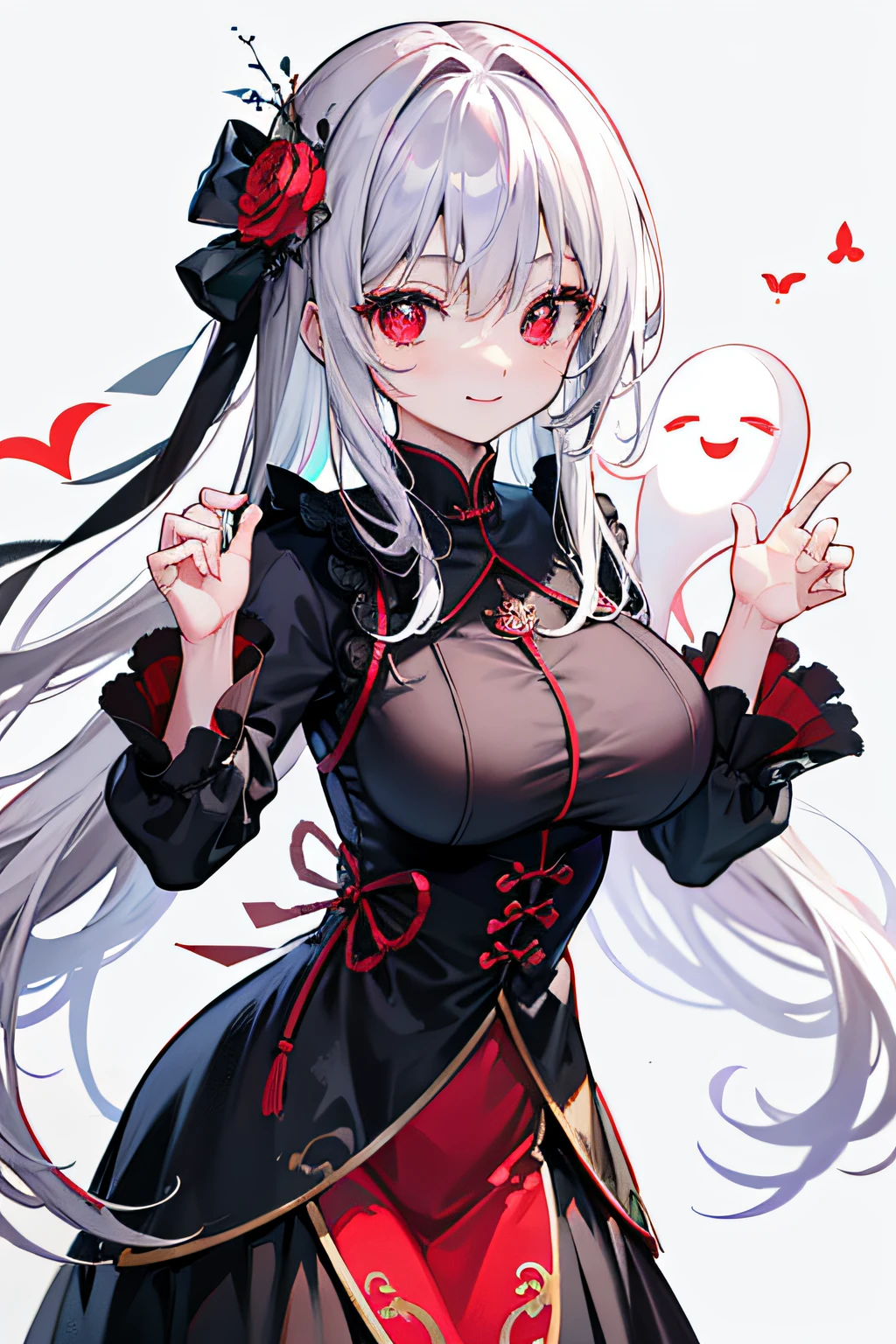 Best quality at best， 超高分辨率， chiquita， Dark Gothic suit， adolable，Two ghost dolls on his hands ， full bodyesbian， smiling at me， red eyes， flower pupils， sweet， big breasts beautiful， adolable， care， is shy， hyper HD。White hair and red eyes