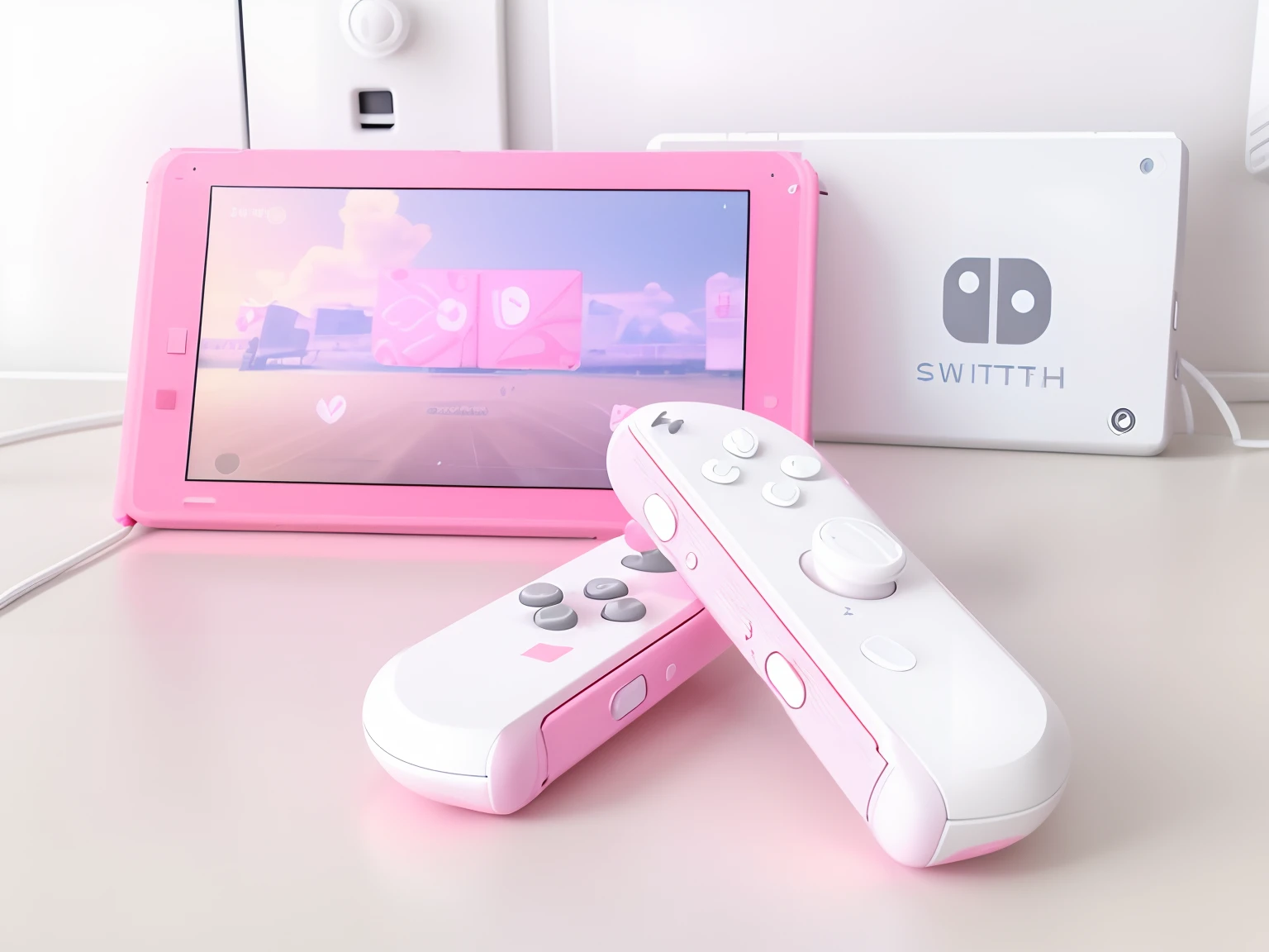 Random Perspective, white table, Hello Kitty game on screen, Photo aesthetic, Tumblr girl, coquette, kawaii, Pinterest, Realistic, Nintendo switch, light pink joycons, white tablet, Nintendo switch dock, kawaii speakers