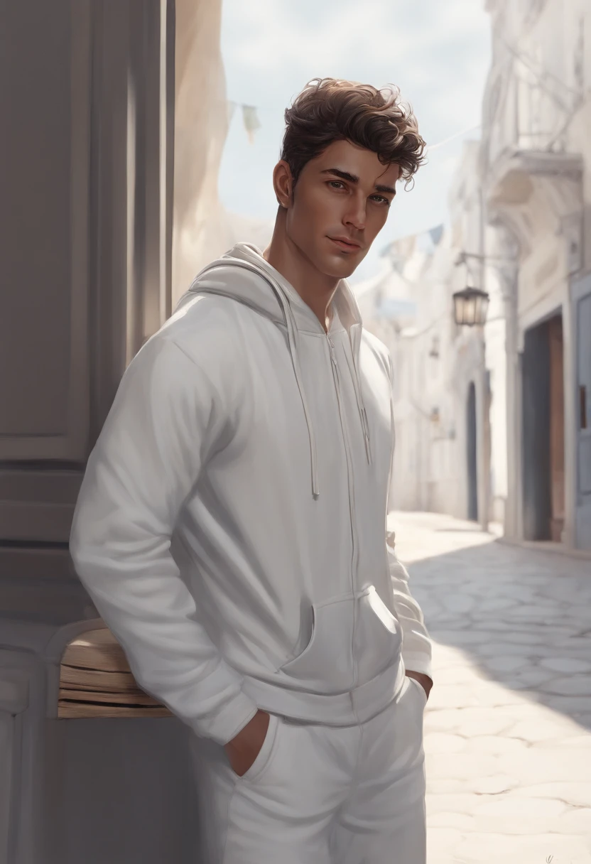 (Comic book drawing) day scene, un homme noir, cheveux court, petite barbichette, regardant devant lui avec le menton haut, Determined and sincere outlook, sourire en coin, Dressed in a white tracksuit with no writing, basket bleu marine, beau jeune visage, 18 I, soft volumetric lights, , (cinematic: 1.3), Intricate details, (ArtStation: 1.2), skin spots, (Rousseur: 0.9), detailled eyes, Micro Details, FUJI XT3, photoreallistic, photorealism