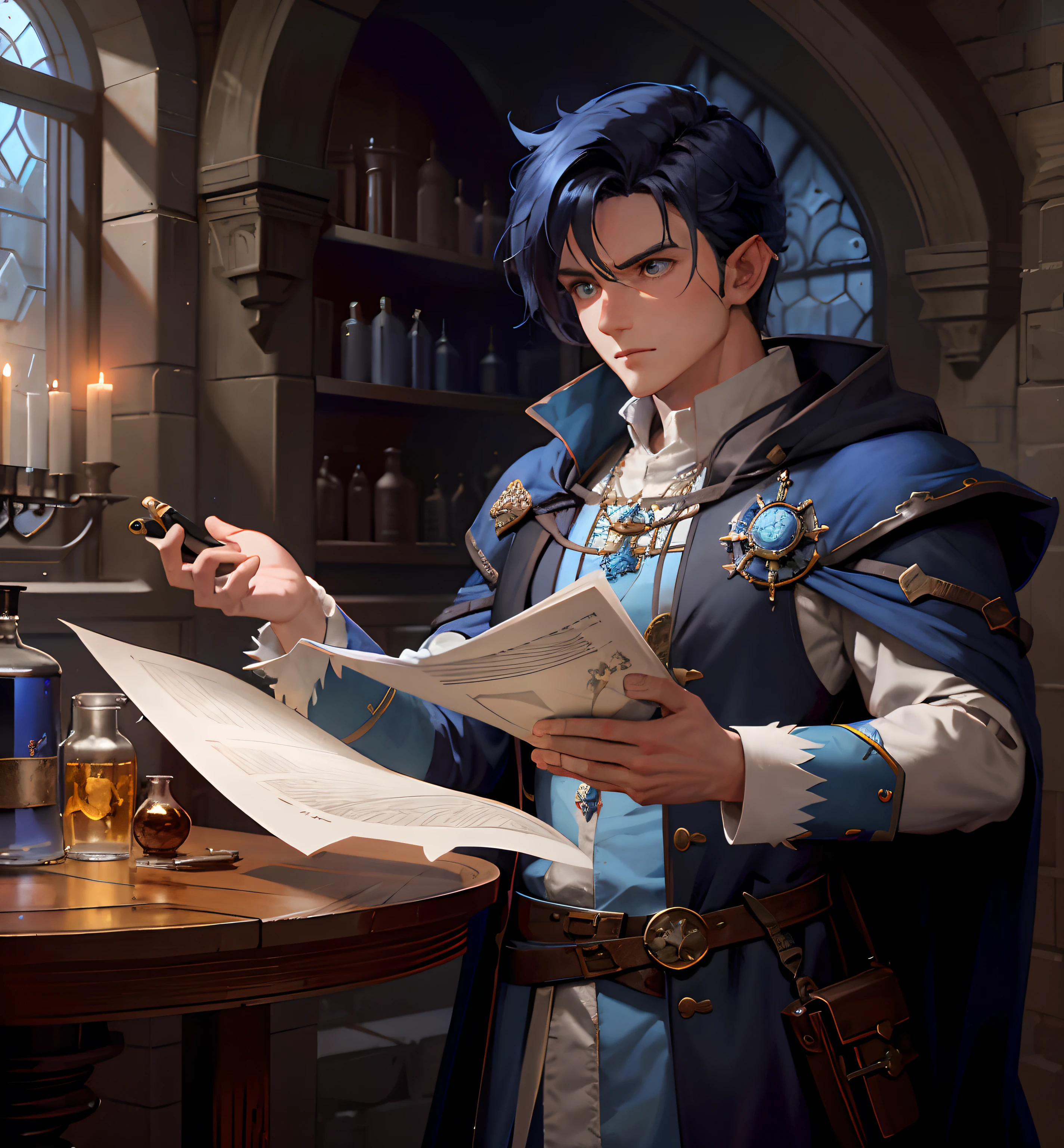 there is a man in a blue robe holding a paper and a candle, black - haired mage, rpg book portrait, portrait of a mage, he is in a alchemist lab, roleplaying game art, male artificer, caleb from critical role, casimir art, picture of a male cleric, rpg portrait concept art, portrait of a young elf wizard, dark blue eyes