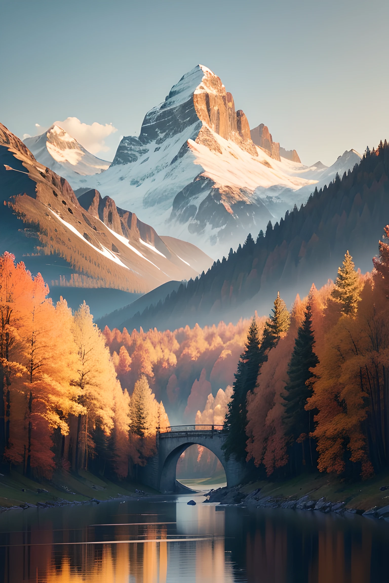 Generate an AI frame depicting a Swiss landscape with majestic mountains in the background. I want the landscape to be set in autumn, so the trees should have leaves of orange and gold hues. Furthermore, I would like the painting to include birds flying in the sky, agregando un toque de vida y movimiento a la escena. The color orange should predominate in the composition, creating a warm and welcoming atmosphere. Por favor, Make sure the details of the landscape, Like the mountains, Trees and birds, Be crisp and realistic. The end result should be a painting that conveys the beauty and serenity of the Swiss landscape in autumn