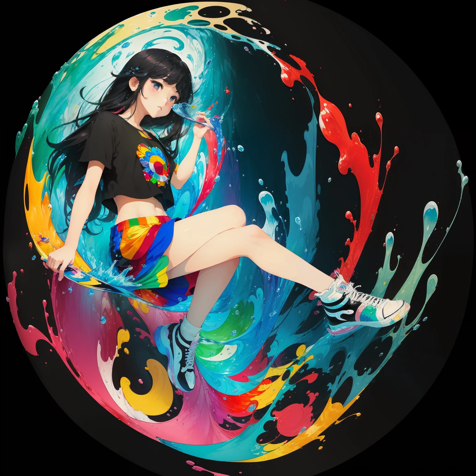 (masterpiece、top-quality:1.3)、(flat-colors:1.3)、(colourfull:1.3)、looking at the viewers、1girl in、独奏、Colorful water floating、(2D:1.3)、tshirts、short trousers、Long black hair --auto