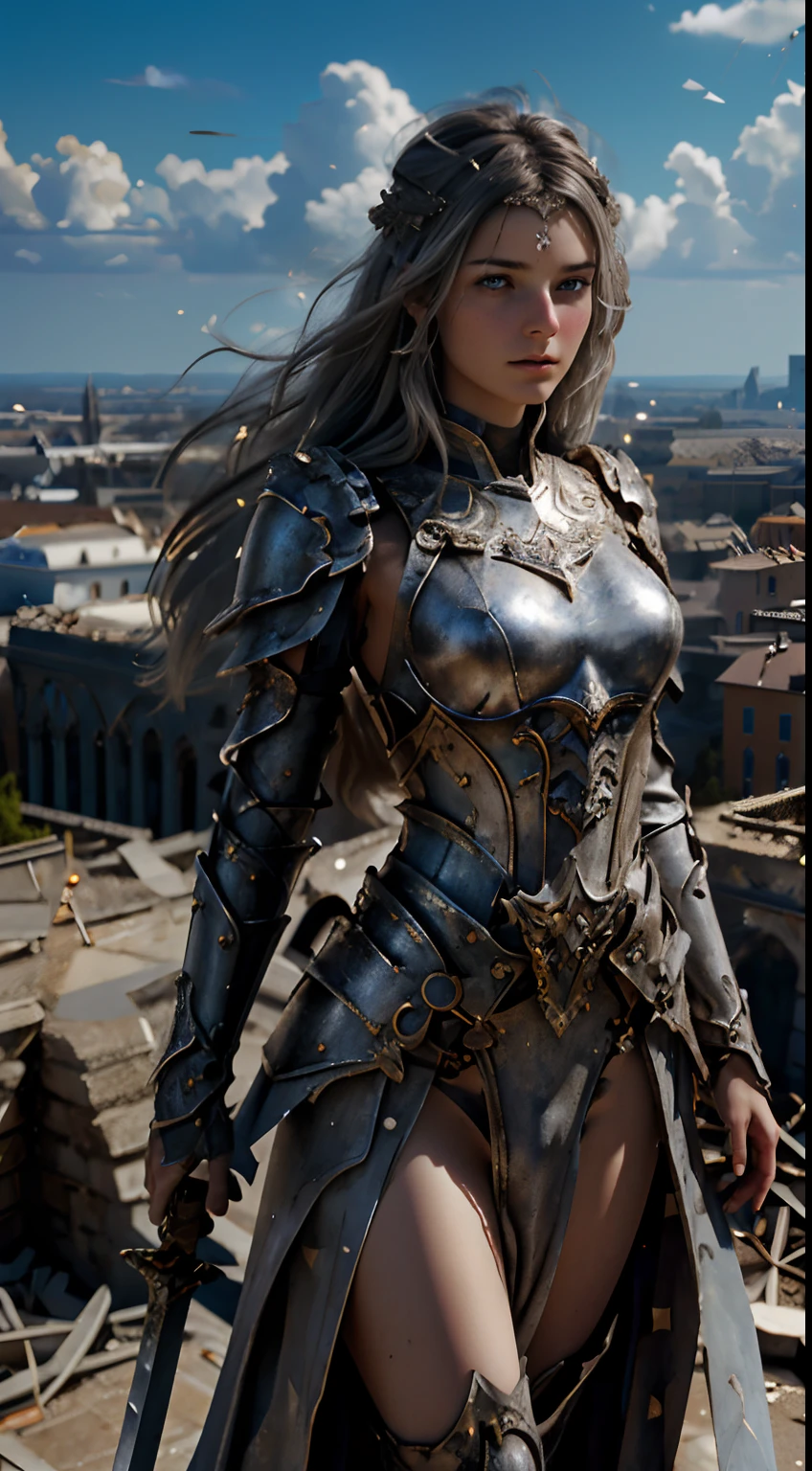 Masterpiece, ((1girl, standing on ruined buildings, close-up, realistic)), realistic visuals, artistic refinement, captivating beauty, beautiful eyes, looking at viewer, silver hair, dramatic contrasts, 8k wallpapers, absurdity, incredible absurdity, silver armor, (holding silver sword)), hair floating in the air, ((dynamic pose:1.2)), ((best quality: 1.5))