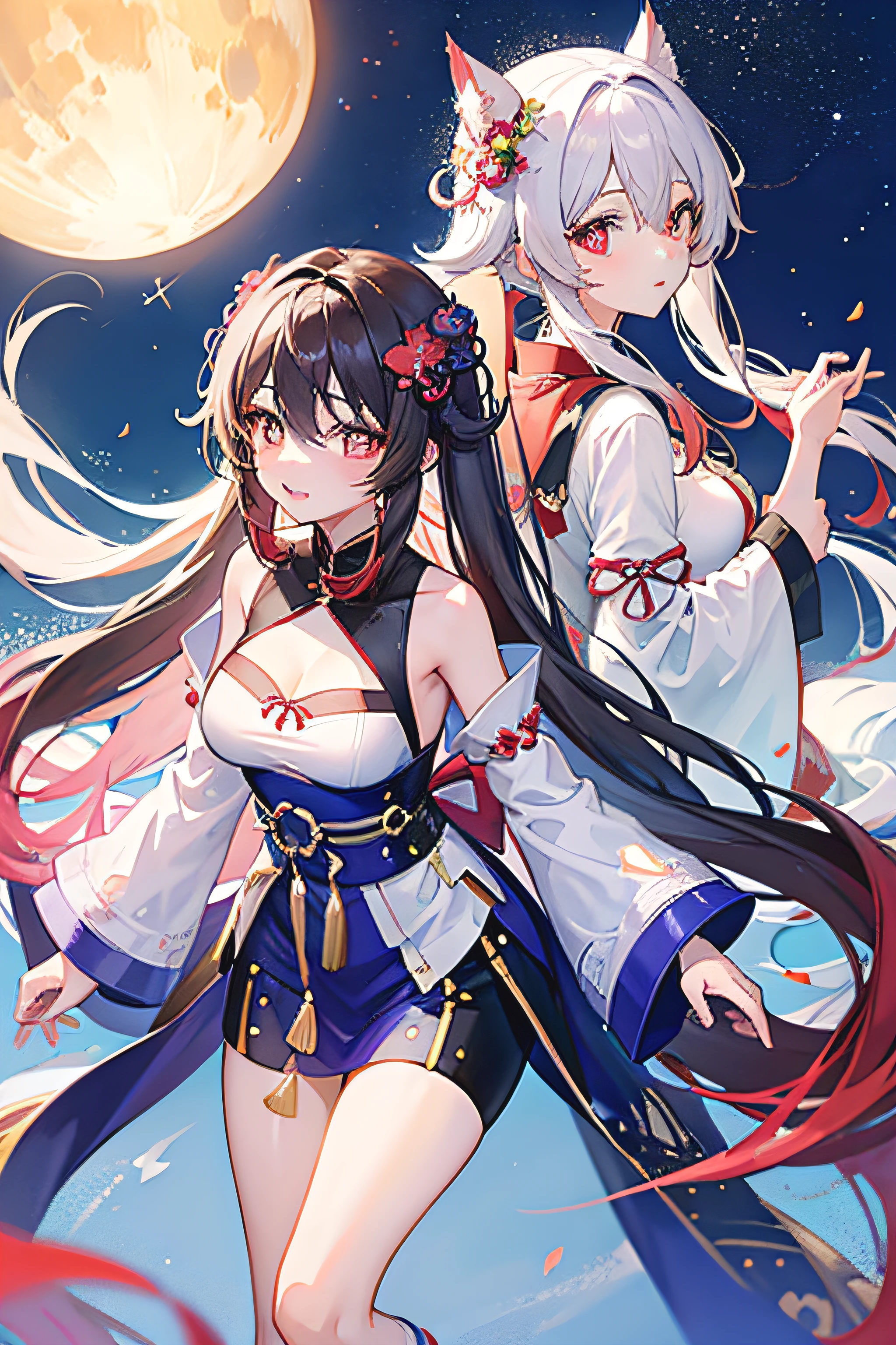Hanfu(swimming suit),full body portrait,light wing earrings,long black hair,Blue hair ends are dyed,Center parted bangs,High heel,There are gorgeous wave patterns on the clothes,Gorgeous water splash skirt,Intricate costume details,Complex ornaments,Navel exposed