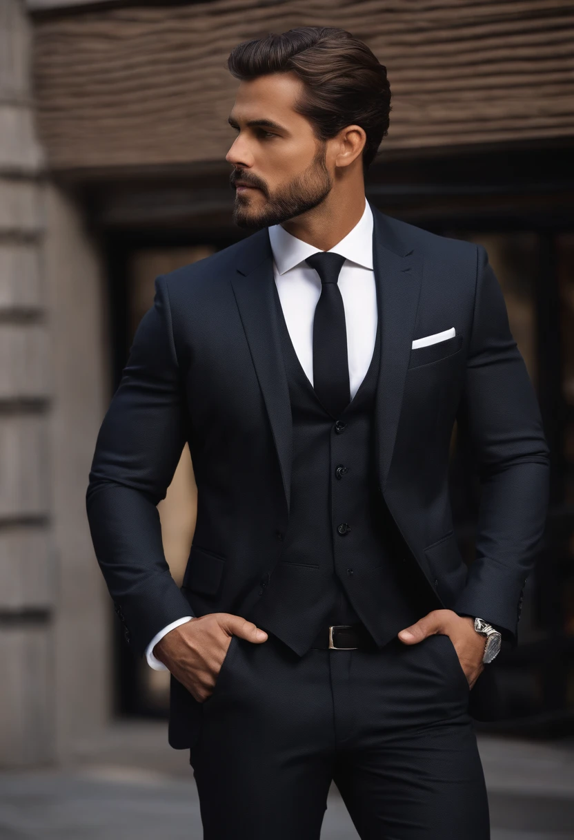 Rana, en haut、Faire un bel homme de 30 ans dans un costume noir et une cravate, PDG, cheveux et barbe bruns, (Homme en costume noir et cravate), ), (Utilisez une barbe,) Attractive and serious look, cheveux noirs courts, Elegant and elegant, Shave Tightly Fitting in Suit and Strong Body, (highly quality, Realistic images), Dark and light black on image background, Style de film, ((premier quality, 8k, шедевр), Ultra High Definition Photo, (Beautiful detailed faces, detail skin texture, Hyperdetailed body:1.1)