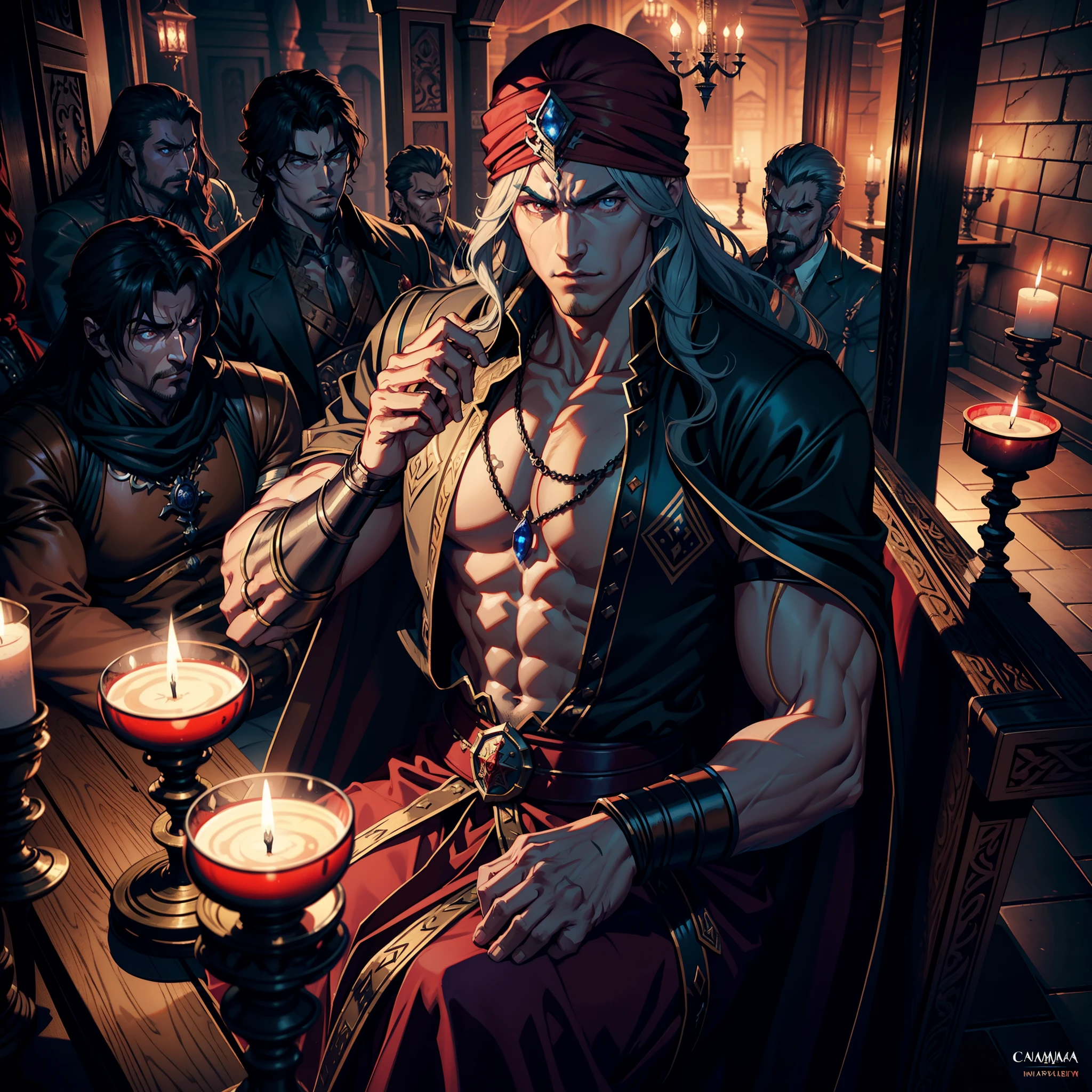 Castlevania Lord of the shadows hyper realistic super detailed Dynamic shot master piece Lord Dracula Handsome Muscular Kenshiro Hokuto No Ken Facial structure with red turban with Moroccan Moroccan sitting with 10 consultants Old Men 3D Camera View Wearing a traditional Moroccan environment wearing a castle Medieval Moroccan Interior Drinking Eating 3D View Very Deep View