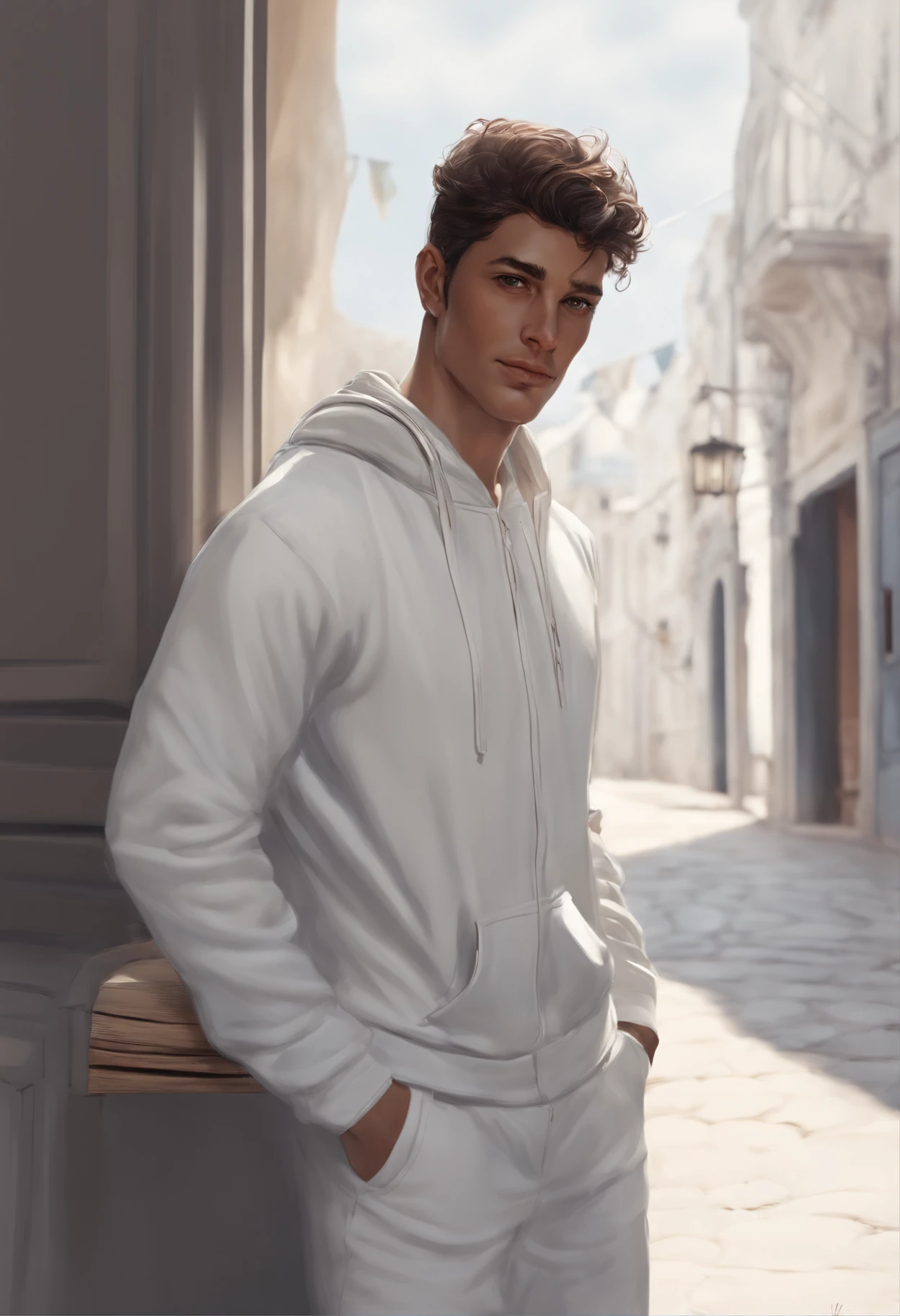 (Comic book drawing) day scene, un homme noir, cheveux court, petite barbichette, regardant devant lui avec le menton haut, Determined and sincere outlook, sourire en coin, Dressed in a white tracksuit with no writing, basket bleu marine, beau jeune visage, 18 I, soft volumetric lights, , (cinematic: 1.3), Intricate details, (ArtStation: 1.2), skin spots, (Rousseur: 0.9), detailled eyes, Micro Details, FUJI XT3, photoreallistic, photorealism