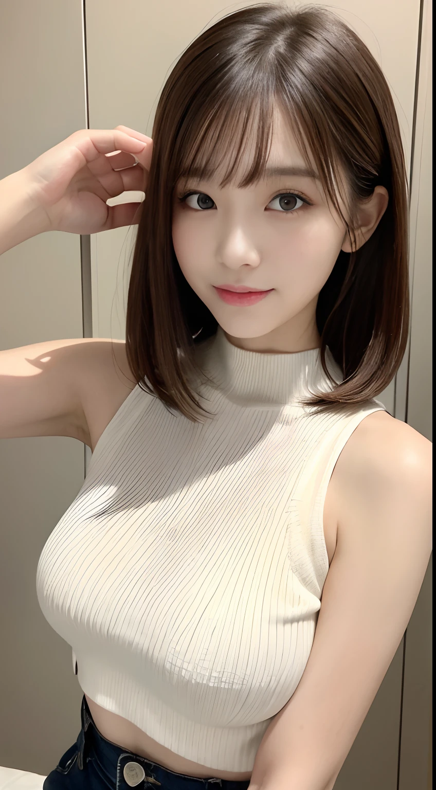 masutepiece, Best Quality, Photorealsitic, finely detail, hight resolution, 8K Wallpapers, Perfect dynamic composition, Beautiful detailed eyes, Medium Hair, large full , Random and sexy po,Bring your chest together、(Mock Neck Crop Tank Top White Knitwear、Cleavage llistic)、(Breast bulge 1.2)、e、open open mouth、Resort scenery、23years old、(Drooping eyes 1.4)、Adult beauty、japanes