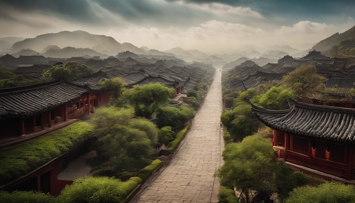 Apresente uma imagem que retrate cidades antigas, como a China Antiga. Esta imagem deve ser retratada de forma realista, but with a contemporary twist that softens timelines. Its purpose is to highlight the beauty of this ancient city and captivate those who contemplate it. Draw inspiration from the richness of the history and culture of these places to create a captivating and harmonious view. The style is a reallistic photograph using a 50mm len in 4k application contrast.