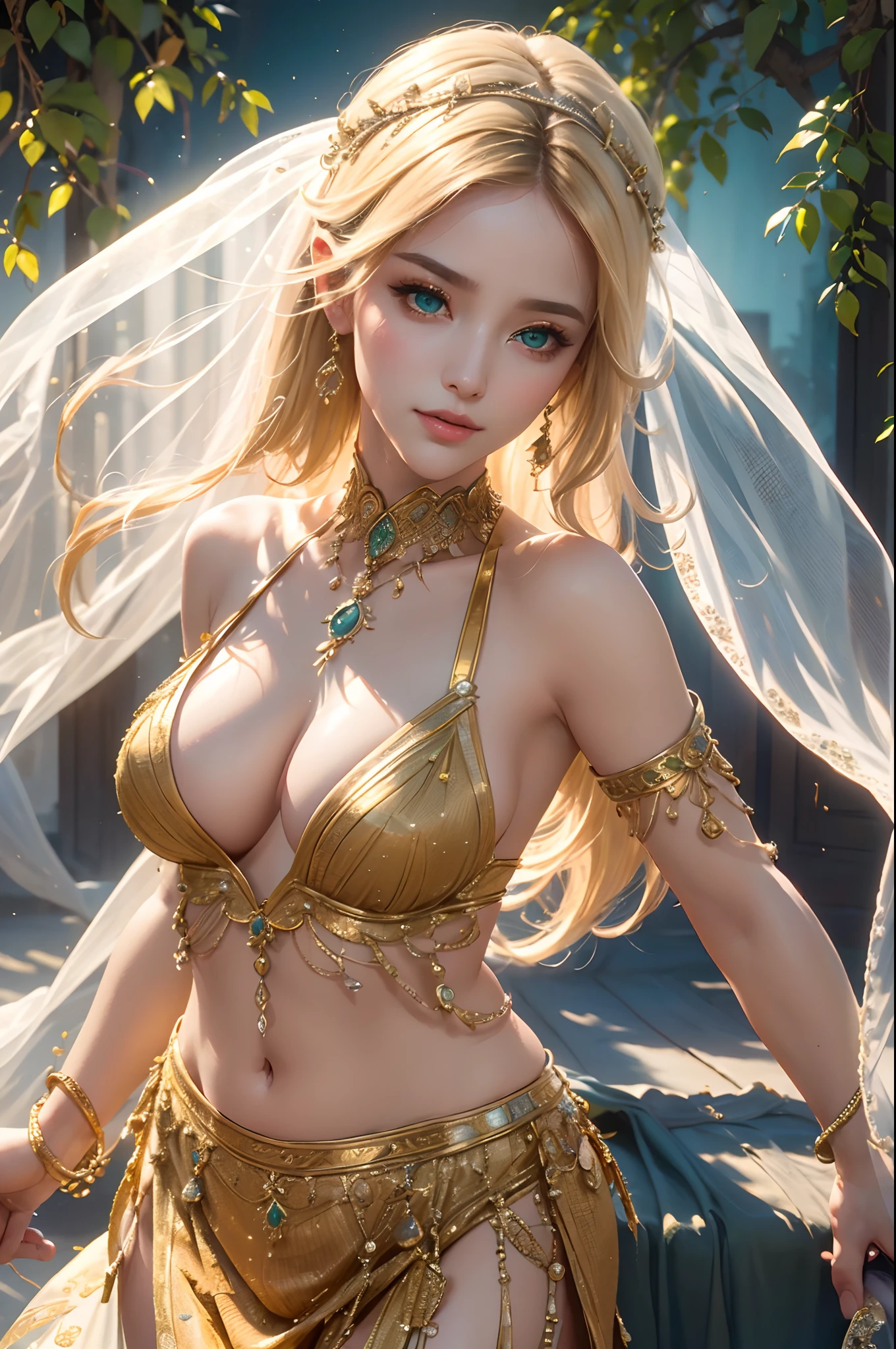 (Best Quality,4k,hight resolution,Masterpiece:1.2),Ultra-detailed,Realistic,Beautiful detailed green eyes,beautiful detailed lips,extremely detailed face,Beautifully detailed facial features,blonde woman,Oriental Dancer Costume,Graceful posture,Eye-catching background,soft-lighting,artistic interpretation,Portrait,Rich color palette,Expressive Movements,Striking visual impact,Pure elegance,Meticulous brush strokes,bright colours,Meticulous attention to detail,Subtle shadows,Dynamic composition,breath taking beautiful,alluring charm,Absolutely mesmerizing view, belly dance, Oriental Concubine, Lots of sheer fabric, (((The lower part of the face is covered by a veil)))